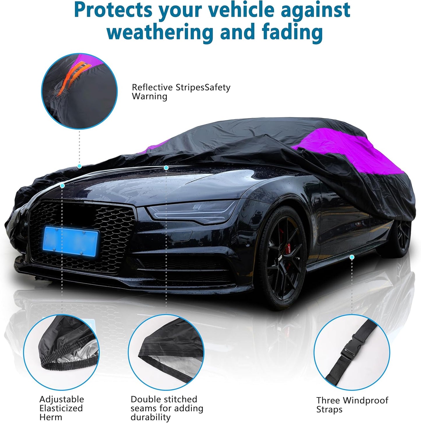 MORNYRAY Waterproof Car Cover All Weather Snowproof UV Protection Windproof Outdoor Full car Cover, Universal Fit for Sedan (Purple, Fit Hatchback Length(Up to 173 inch)