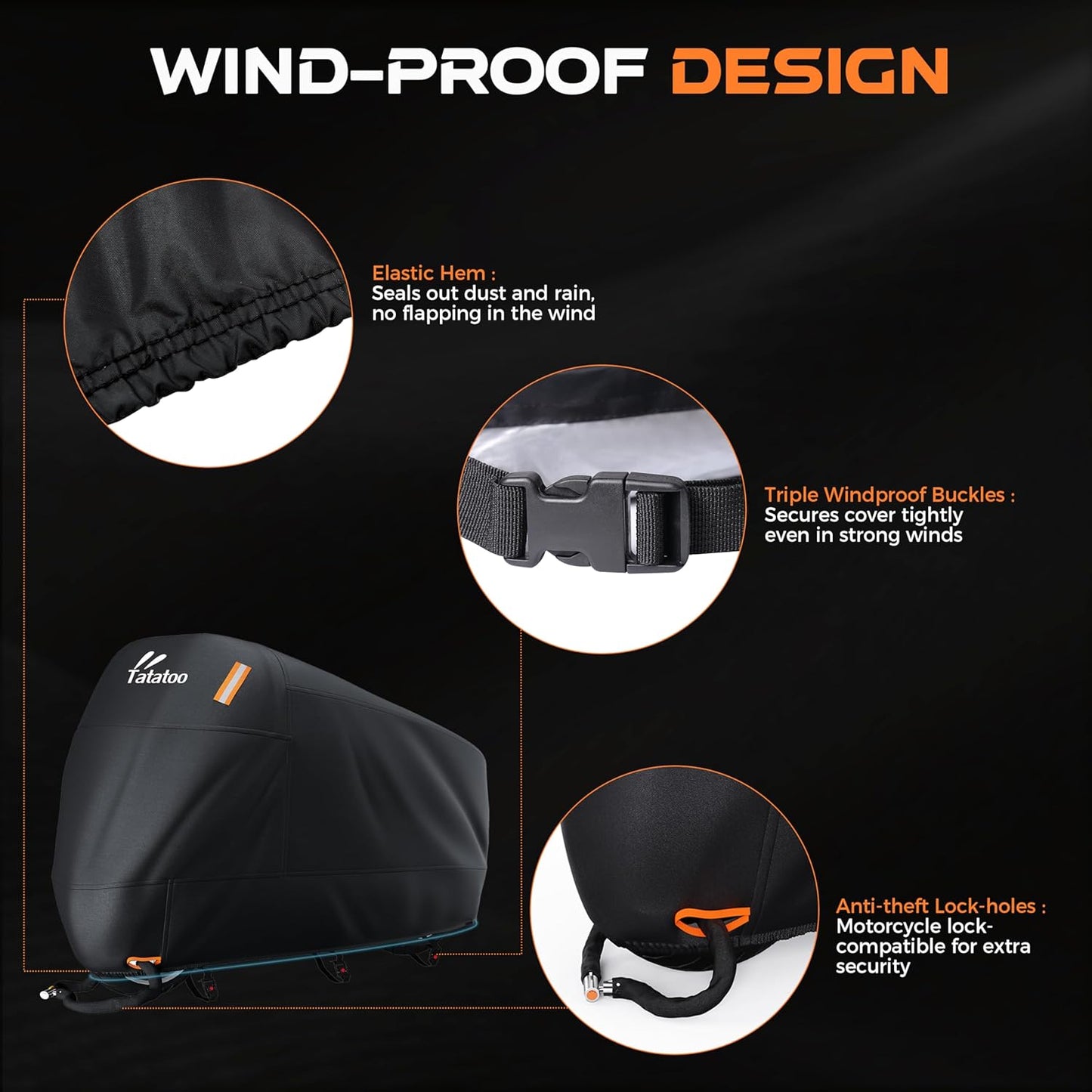 Motorcycle Cover Waterproof Outdoor, 300D Heavy Duty 250cc, UV & Rain Resistant, Windproof with 3 Buckles, Fits Most Motorcycles, Cruisers, Sportbikes, Dirt Bikes, Scooters up to 120" - 5XL Size