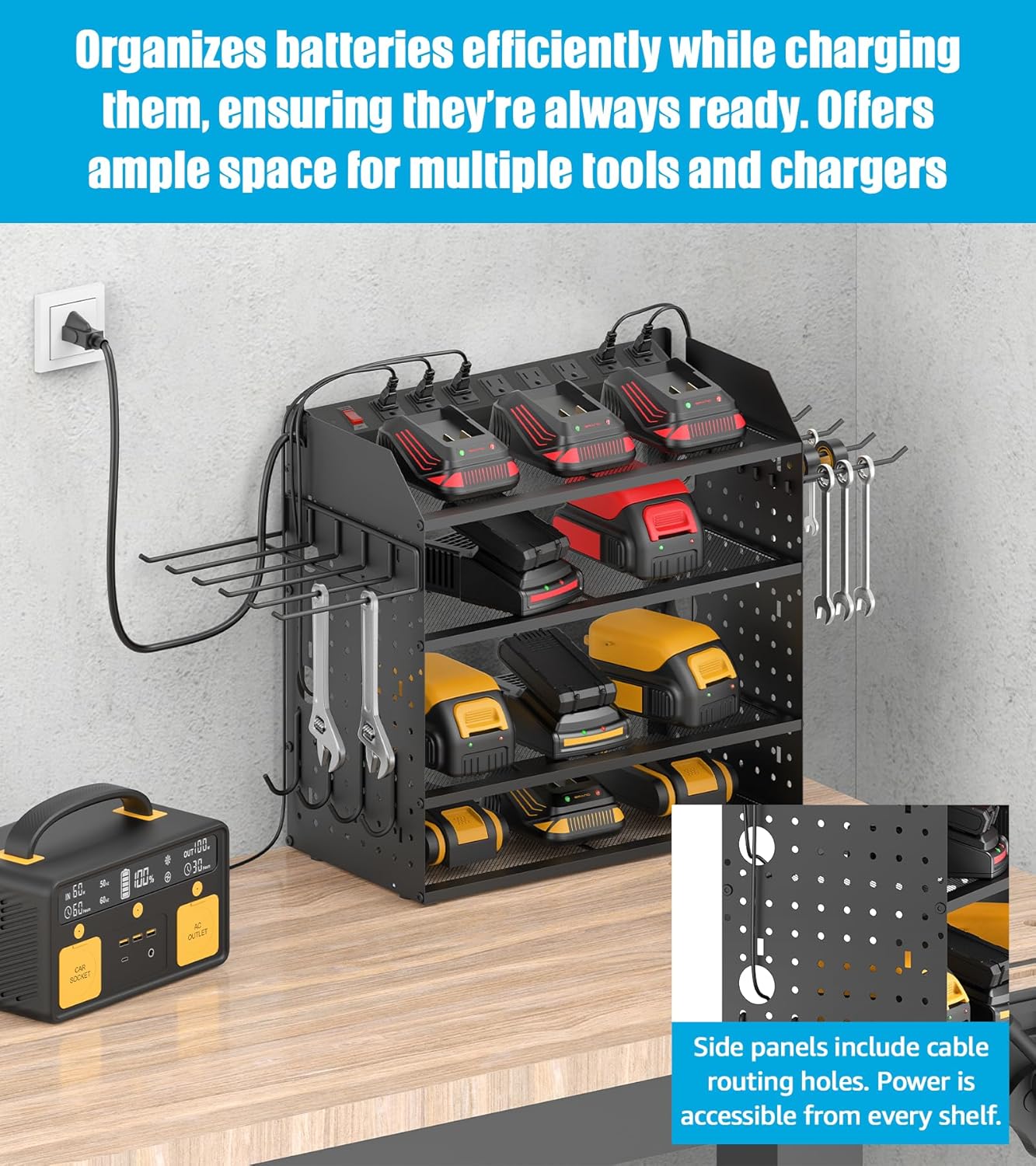 CCCEI Modular Desk Power Tools Organizer with Charging Station, 4 Layer Drills Battery Storage Wall Mount, Garage Shop Organization, Anniversary, Birthday, Gifts for Men, Father, Black, 10FT Cord.