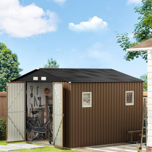 10X10X7.5 FT Outdoor Steel Storage Shed with Lockable Doors, 2 Windows, Frame Floor (No Wood/Other Boards), Ideal for Garden, Backyard, Patio Storage,Brown