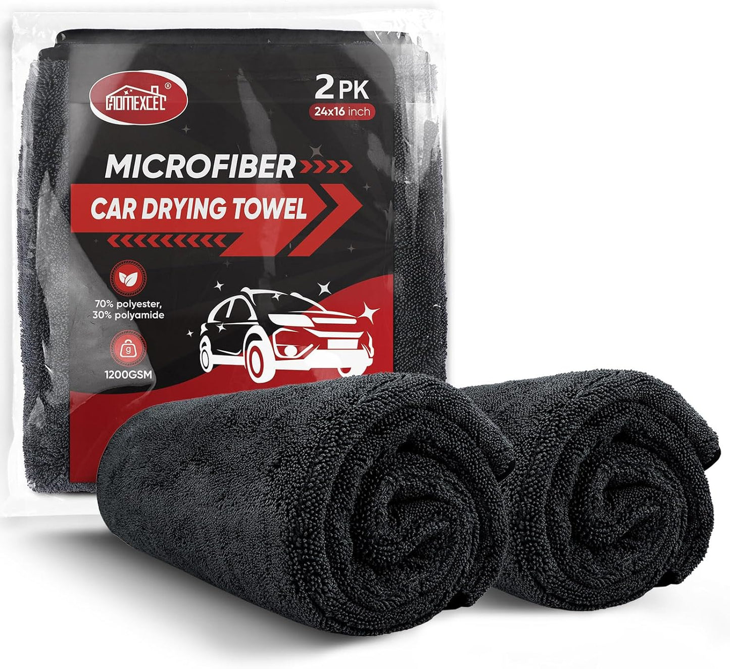 HOMEXCEL Car Drying Towel (24"x 16"), 1200GSM Ultra Absorbent Car Cleaning Cloth, Streak-Free Microfiber Drying Towel, Great for Cars, Trucks, SUVs, RVs, Motorcycles, 2 Packs