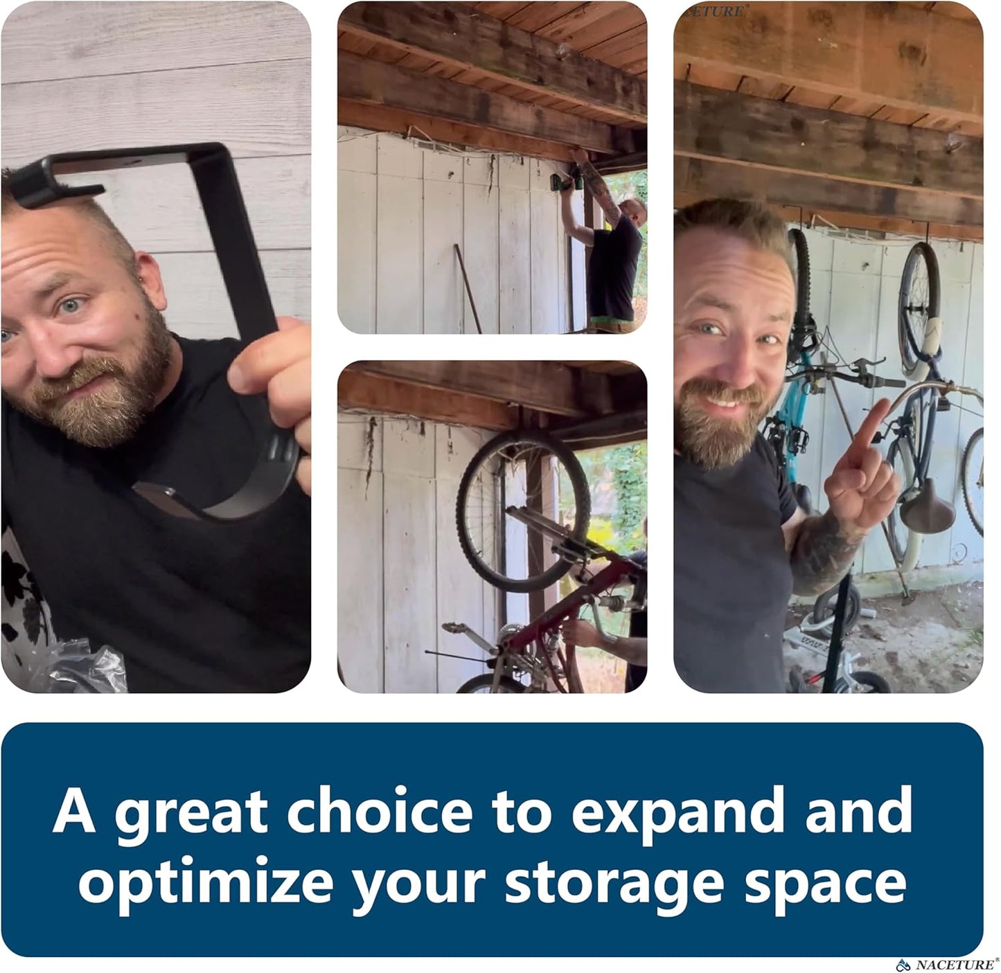 Bike Hooks for Garage Ceiling Mount Rack – Heavy Duty 4X8 Overhead Garage Storage Rack for Ceiling Hanging Bicycle Shelves, Add on Storage Flat Hooks Accessory and Wall Hanger (Flat Hook 4 Pack)