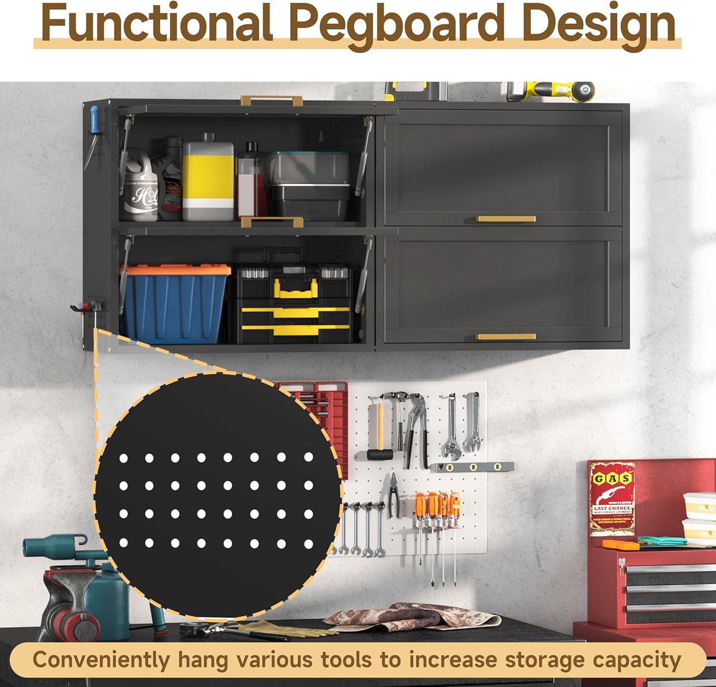 Metal Wall Cabinets with 2 Up-Flip Doors, Floating Steel Wall Mounted for Garage, Basement, Home Office, Kitchen, Warehouse - Black