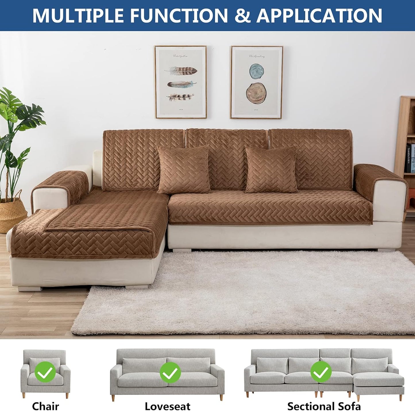 Eismodra Couch Cover,Sectional Couch Covers,Sofa Covers for 3 Cushion Couch,Anti-Slip Sofa Slipcovers for Dogs Cats Kids Loveseat Recliner L Shaped Armrest Backrest,Brown 36''x94''(Only 1 Piece)