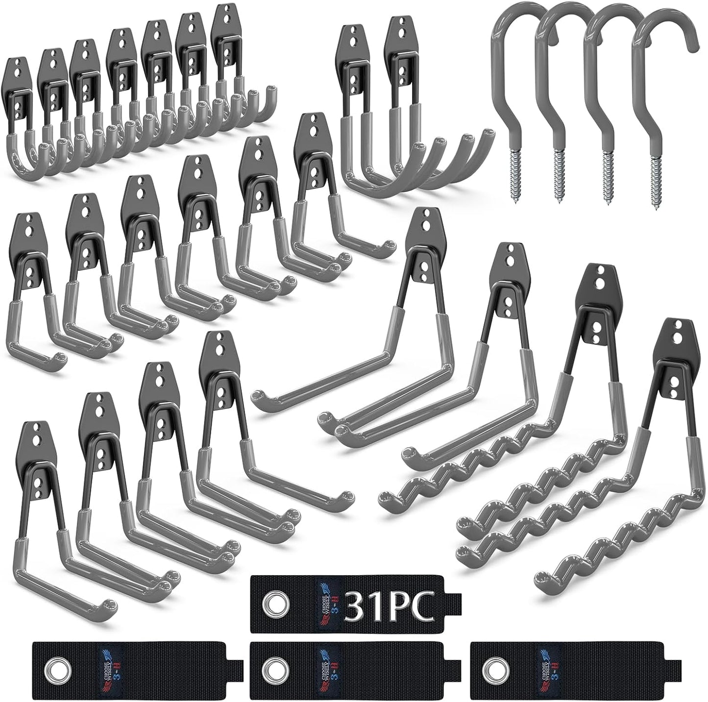 3-H Garage Wall Hooks 31 Pack, Garage Hooks Heavy Duty with Extra Welding Spots, Garage Organizer for Garden, Lawn, Yard Tools, Chairs, Ladders, Weed Eater, Shovel, Blower(Gray)