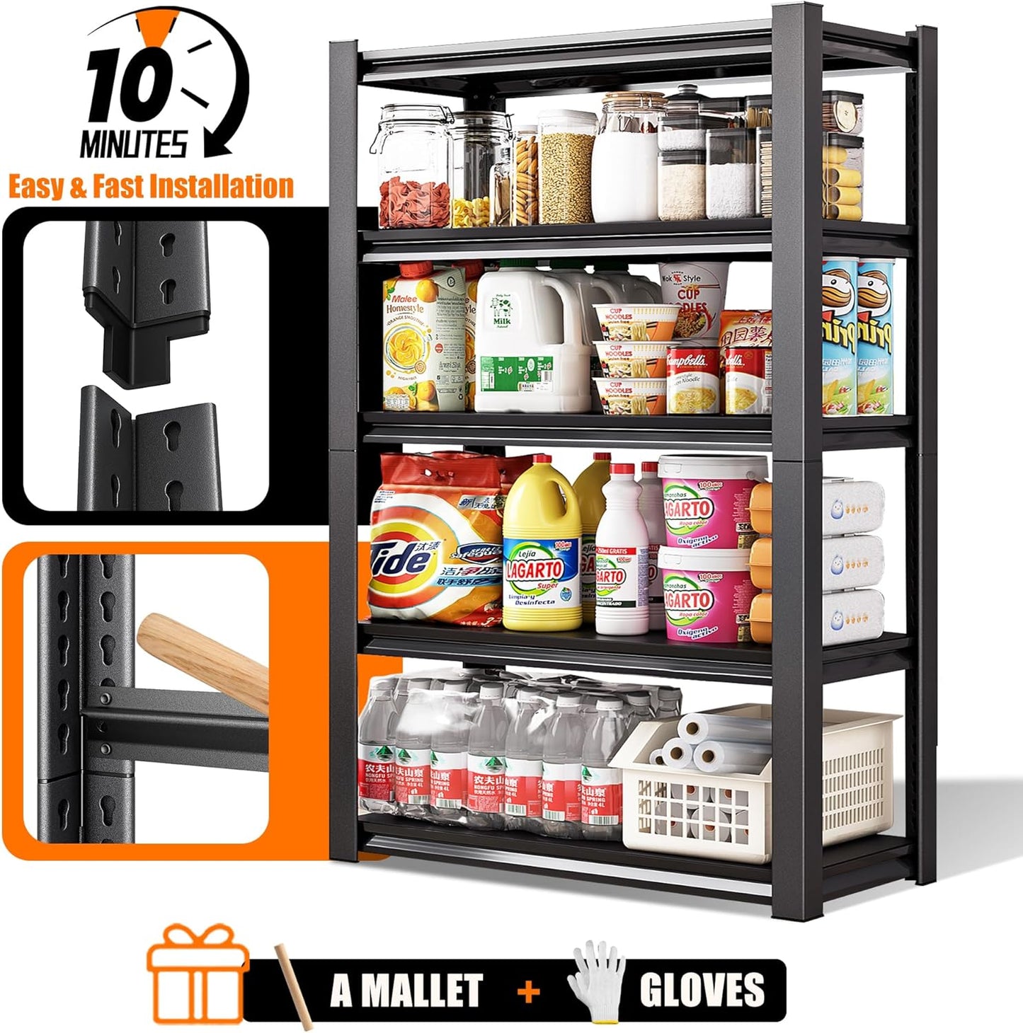 40in Wide Garage Shelving Heavy Duty，2500lbs Large Loads Adjustable Garage Storage Shelves,All Metal Storage Racks and Utility Rack Shelves, 40”W x 18”D x 72”H (Black)