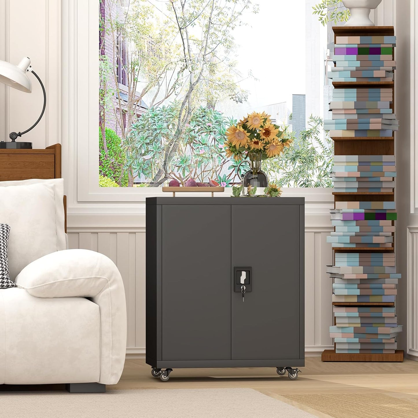 GREATMEET 31.5" H Metal Garage Storage Cabinet with Wheels, Lockable Garage Storage Cabinet with Adjustable Shelves for Home, Office,Kitchen