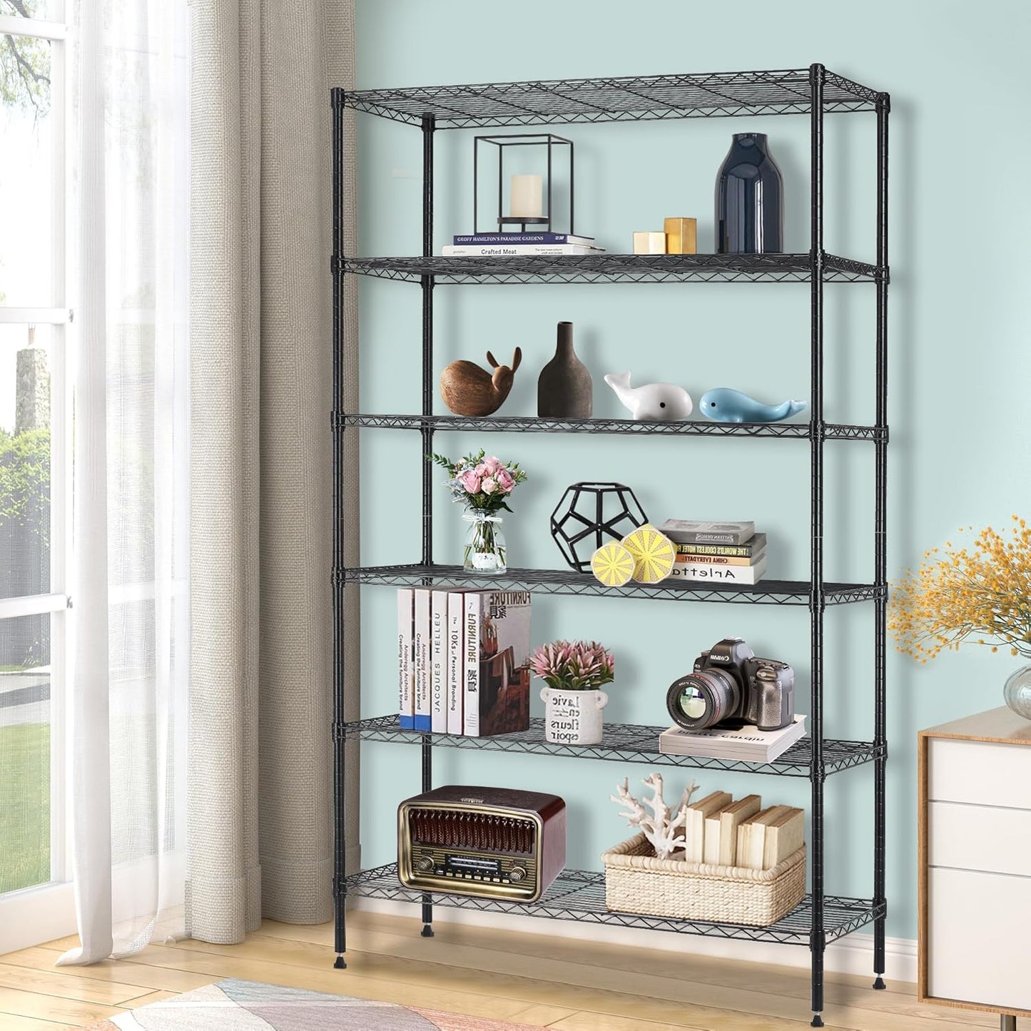 16''Lx42''Wx72''H 6 Shelf Wire Shelving Unit Heavy Duty Metal Storage Shelves NSF Wire Shelf Organizer Black Height Adjustable Utility Steel Commercial Grade Layer Shelf Rack 1500 LBS Capacity