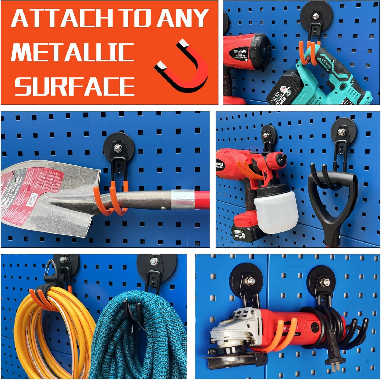 ULIBERMAGNET Garage Magnetic Hooks, 4 Pack Black Heavy Duty Large J Hooks with Magnet, Black Strong Anti-Slip Coating Magnet Hooks for Garden Tools, Ropes,Drill,Metal Cabinet,Pegboard