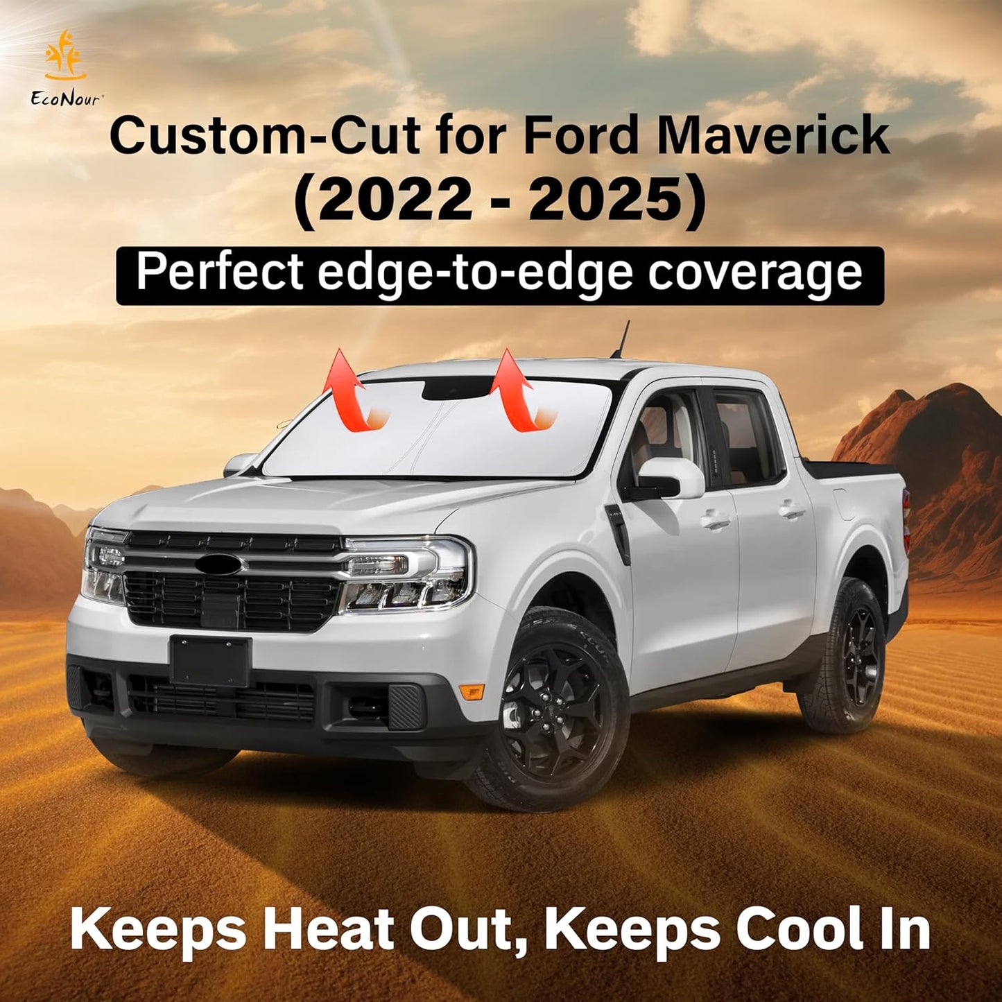 Econour Windshield Sun Shade Custom Fit for Ford Maverick 2022-2024 2025 2026 Sun Shade Front Windshield Sun Visor Foldable Thicker 5-Layer Block Heat and Sun UV Rays