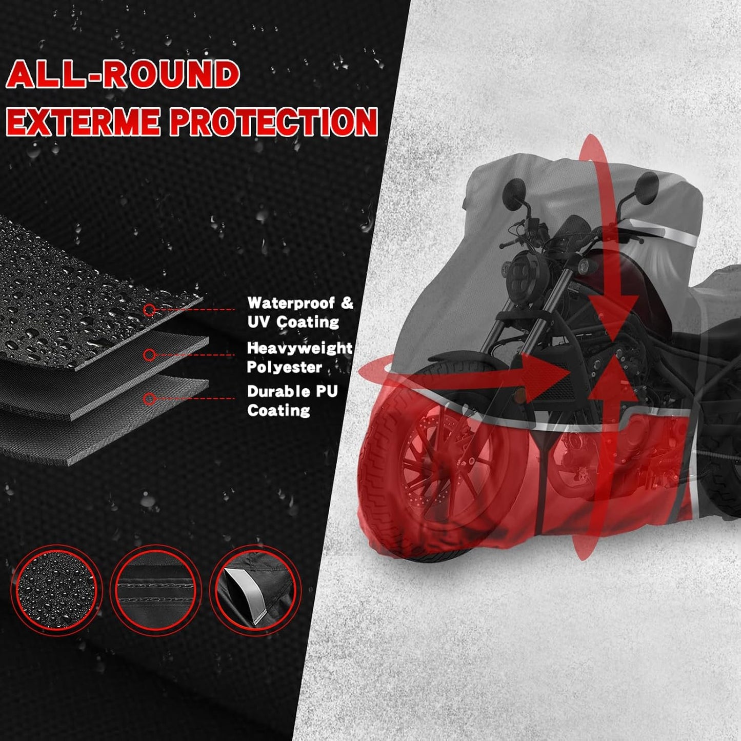 420D Motorcycle Cover Suitable for Honda Cruiser Rebel 300 500 1100 and Shadow 750/ Vtx 1300 /Fury Waterproof Motorcycle Cover Easy to Clean Tear-Resistant Suitable for Outdoor Protection