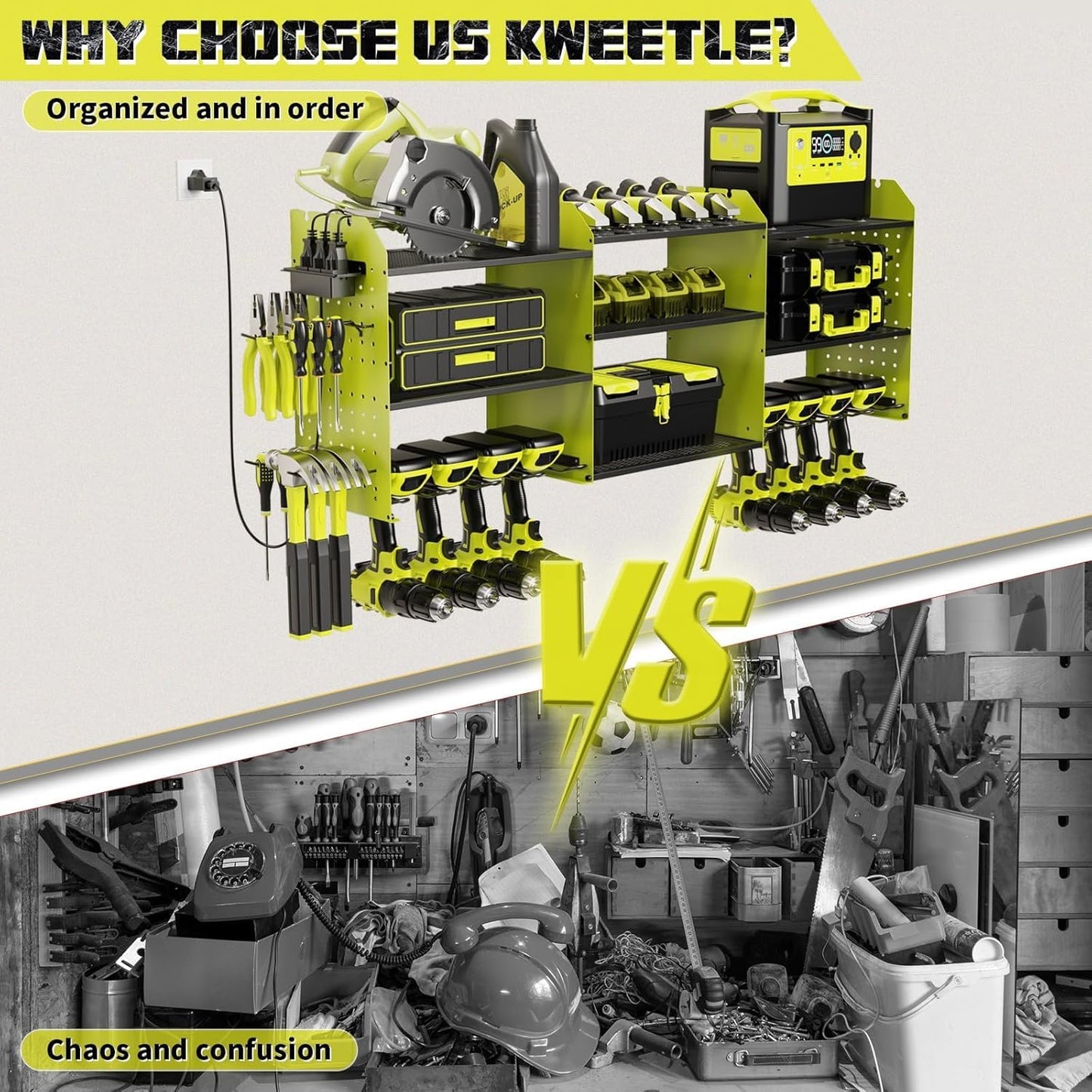 45" Power Tool Organizer Wall Mount with Charging Station - 3 Layer Storage Racks with 8 Cordless Drill Holder, 4 Hooks, Heavy Duty Garage Tool Organizer Storage for Workshop Shed Pegboard Basement