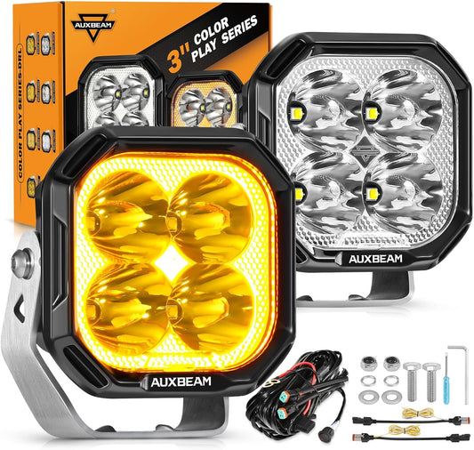 Auxbeam Color Play Series 3" LED Pod Lights, Offroad Spotlights with Amber White DRL & Turn Signal 11600LM Super Bright Square 100W Spot Beam Fog Cube Ditch Lights for Jeep ATV UTV, 2 Years Warranty