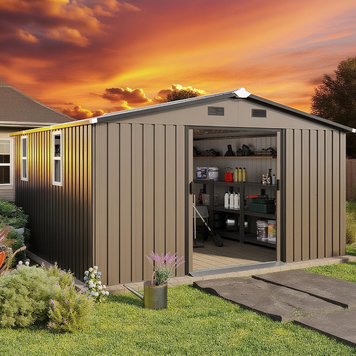 12 x 10 FT Outdoor Storage Shed, Metal Garden Tool Shed with Slooping Roof, Lockable Doors, All-Weather Bike Shed Easy to Assemble for Backyard, Patio, Lawn, Brown