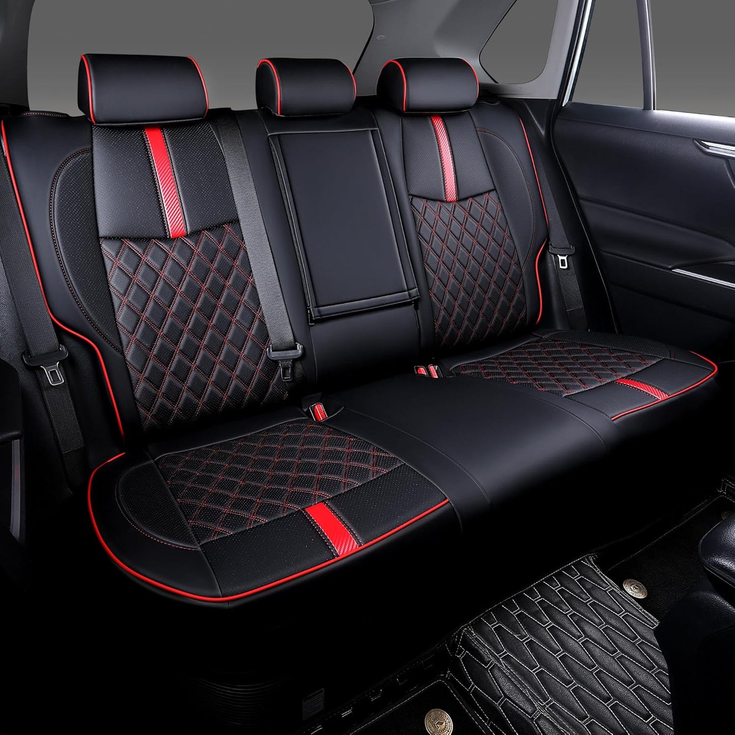 Custom Fit RAV4 Seat Covers for 2019-2025 Toyota RAV4 Hybrid LE,XLE,XLE Premium,Limited Full Coverage Waterproof Leather Car Seat Covers Full Set (Black with Red Trim)
