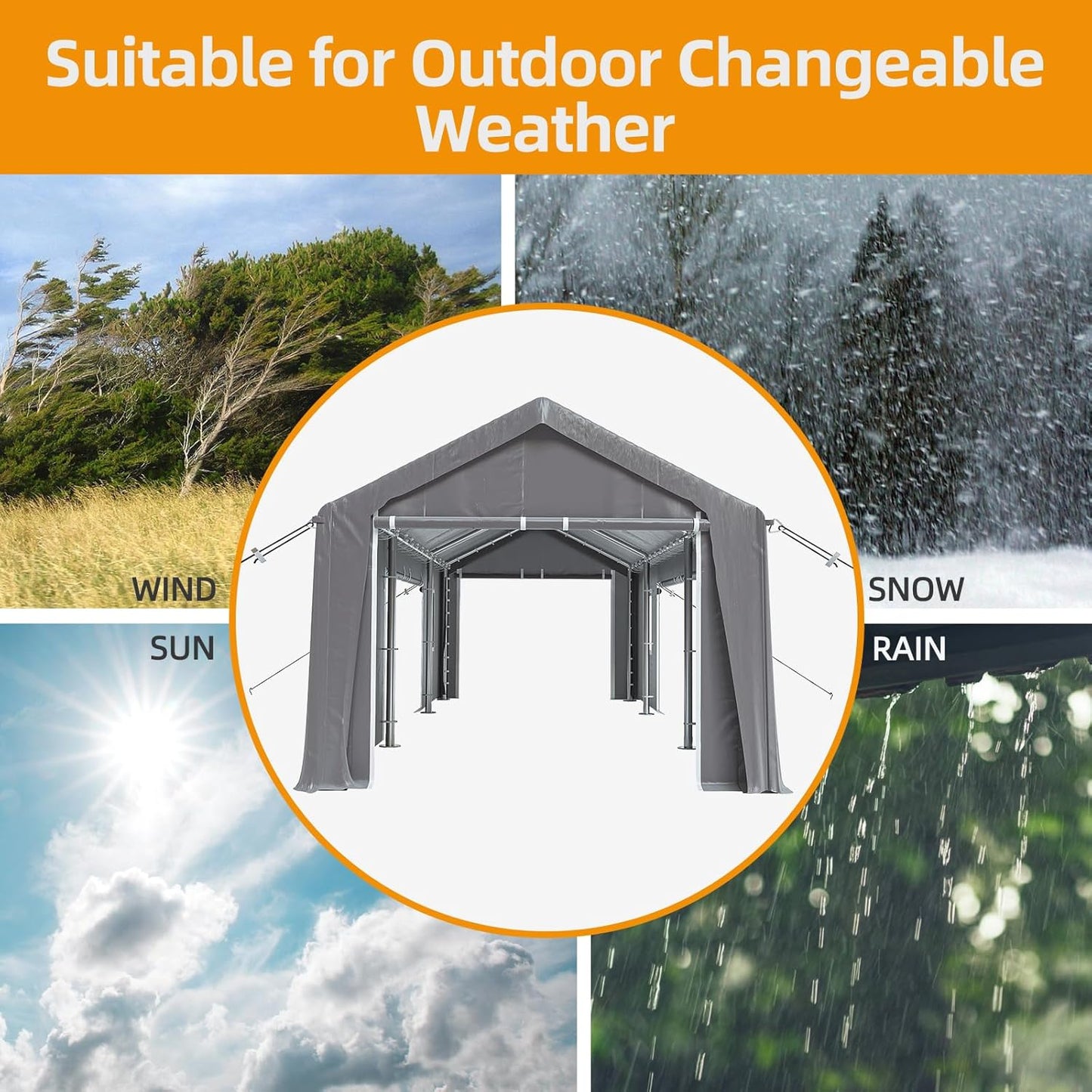 12x20ft Heavy Duty Carport Outdoor Canopy Portable Garage with 4 Doors & 4 Windows Waterproof UV Resistant Storage Shelter with Removable Sidewalls for Car Truck Boat, Gray