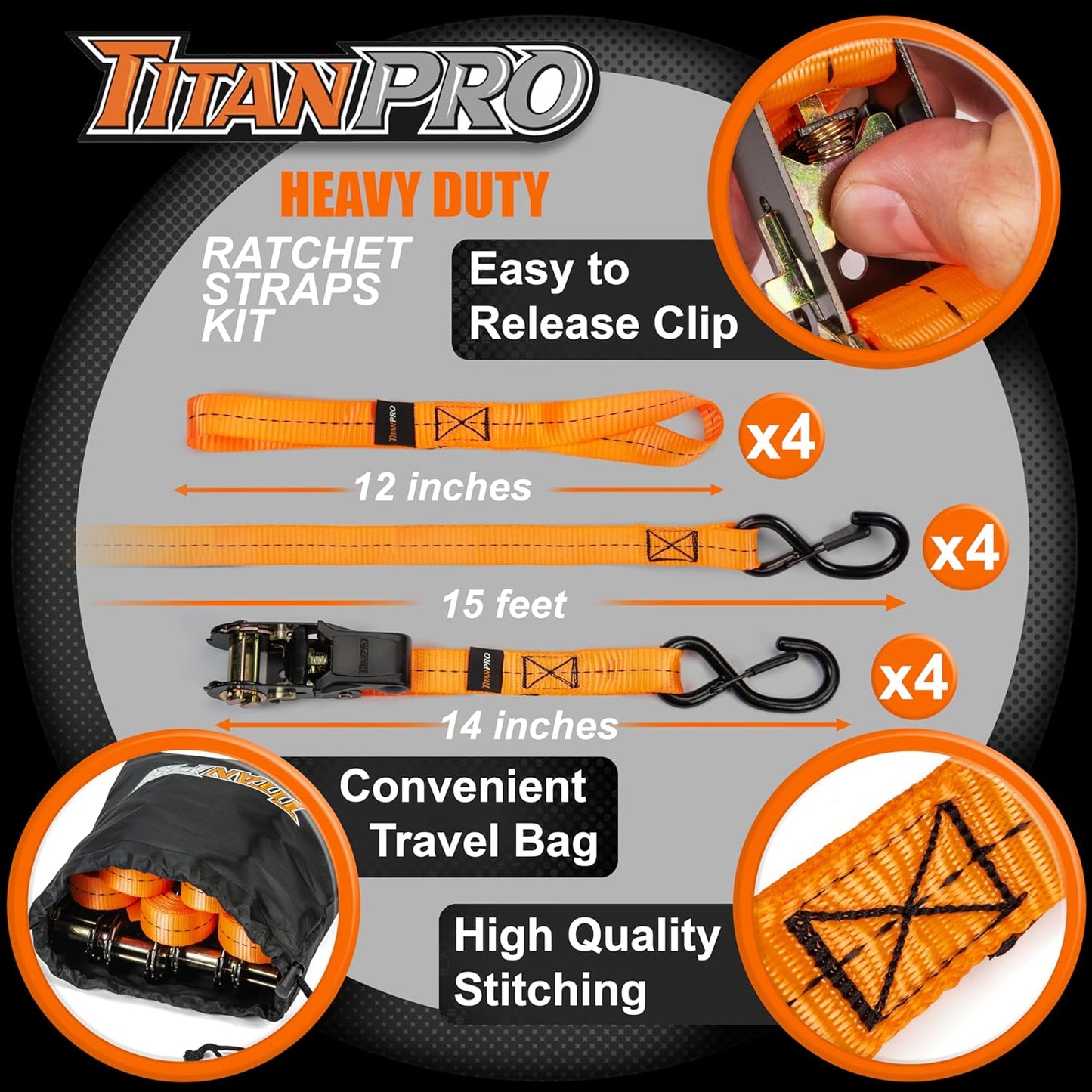 TitanPro Heavy Duty Ratchet Straps 4-Pack - 2,200lb Break Strength, 1" x 15' Rachet Tie Downs with Padded Handles - Heavy Duty, Truck, Motorcycle, Moving Straps (Orange)