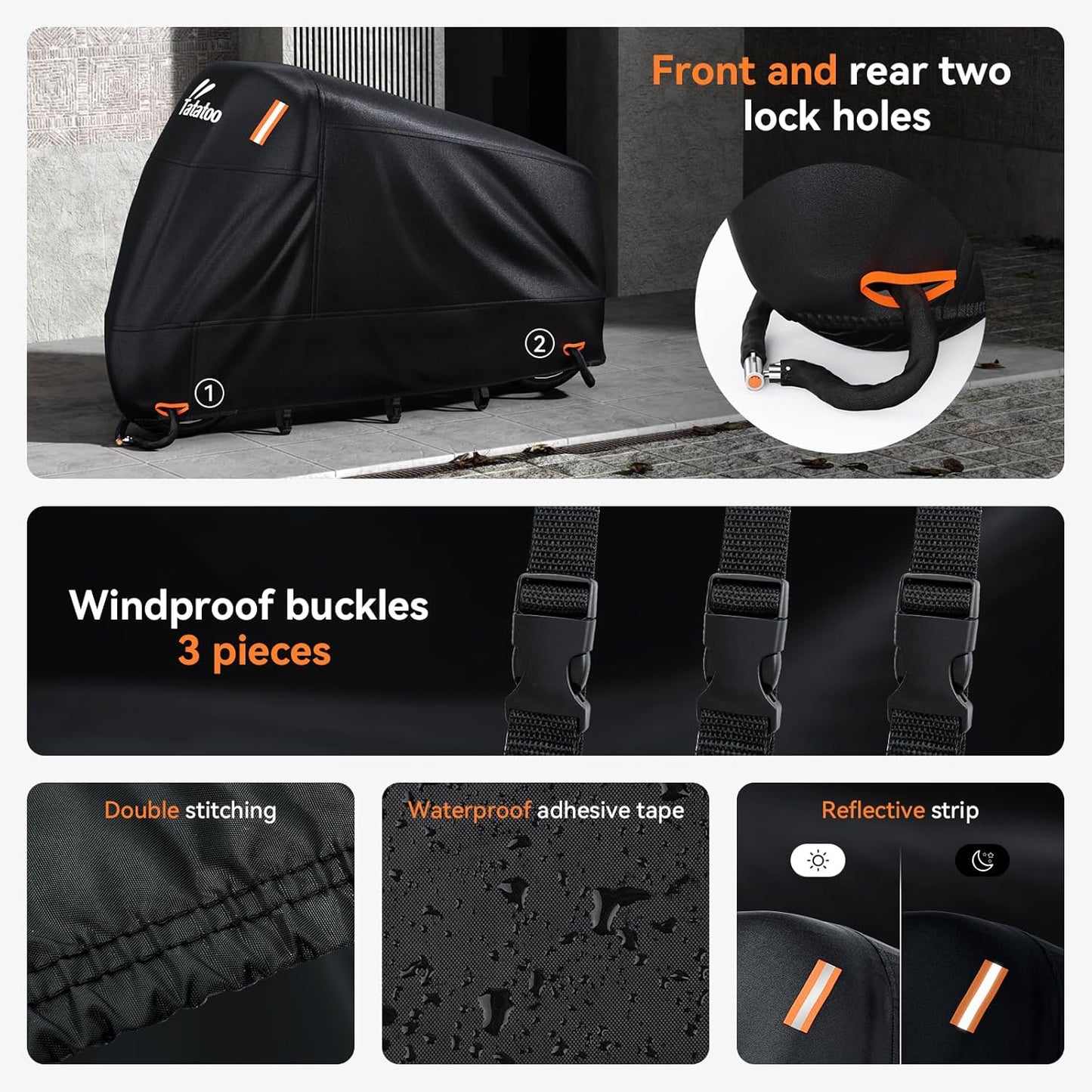 Motorcycle Cover Waterproof Outdoor, 300D Heavy Duty, UV & Rain Resistant, 3 Wind-Resistant Buckles, Dual Lock Holes, Includes Storage Bag, Fits Most Motorcycles/Scooters up to 86.6",Black