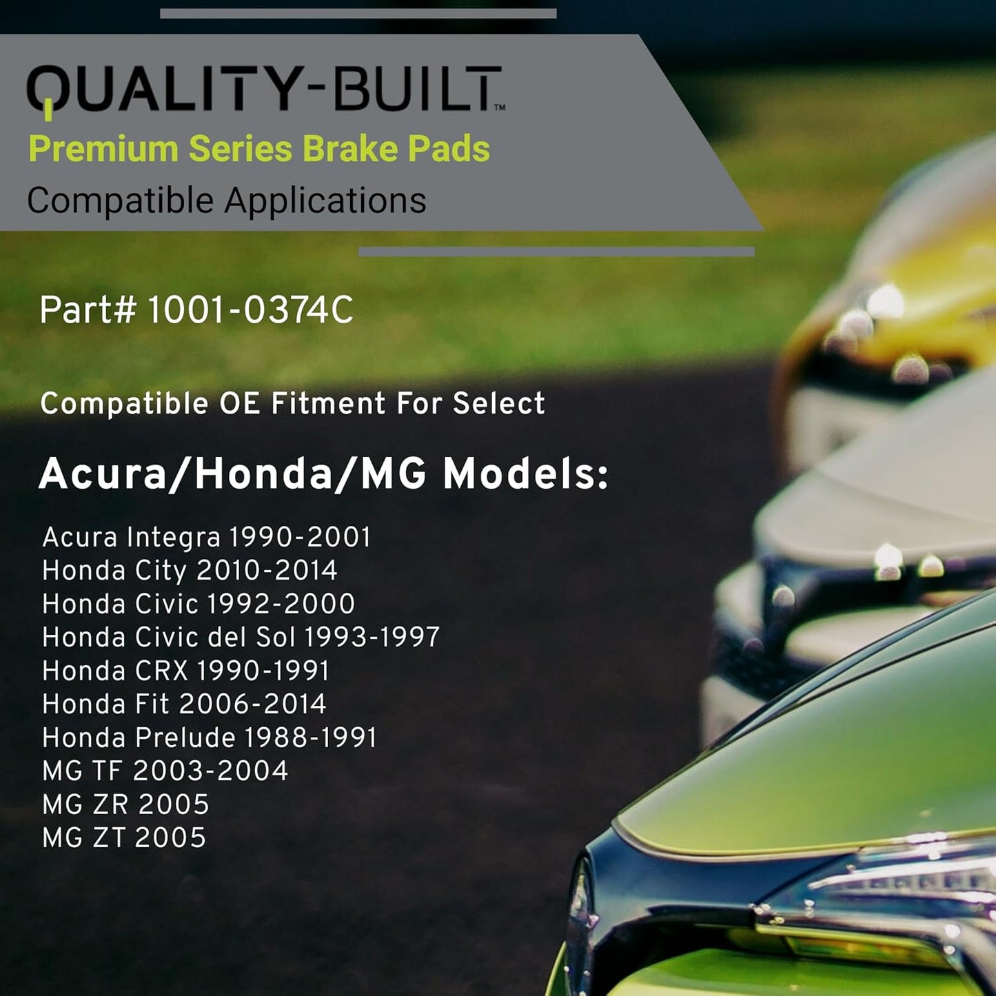 Premium Ceramic Rear Brake Pads (1001-0374C) Compatible with 1988-2014 Acura/Honda/MG (City/Civic/Civic del Sol/CRX/Fit/Integra/Prelude/TF/ZR/ZT)