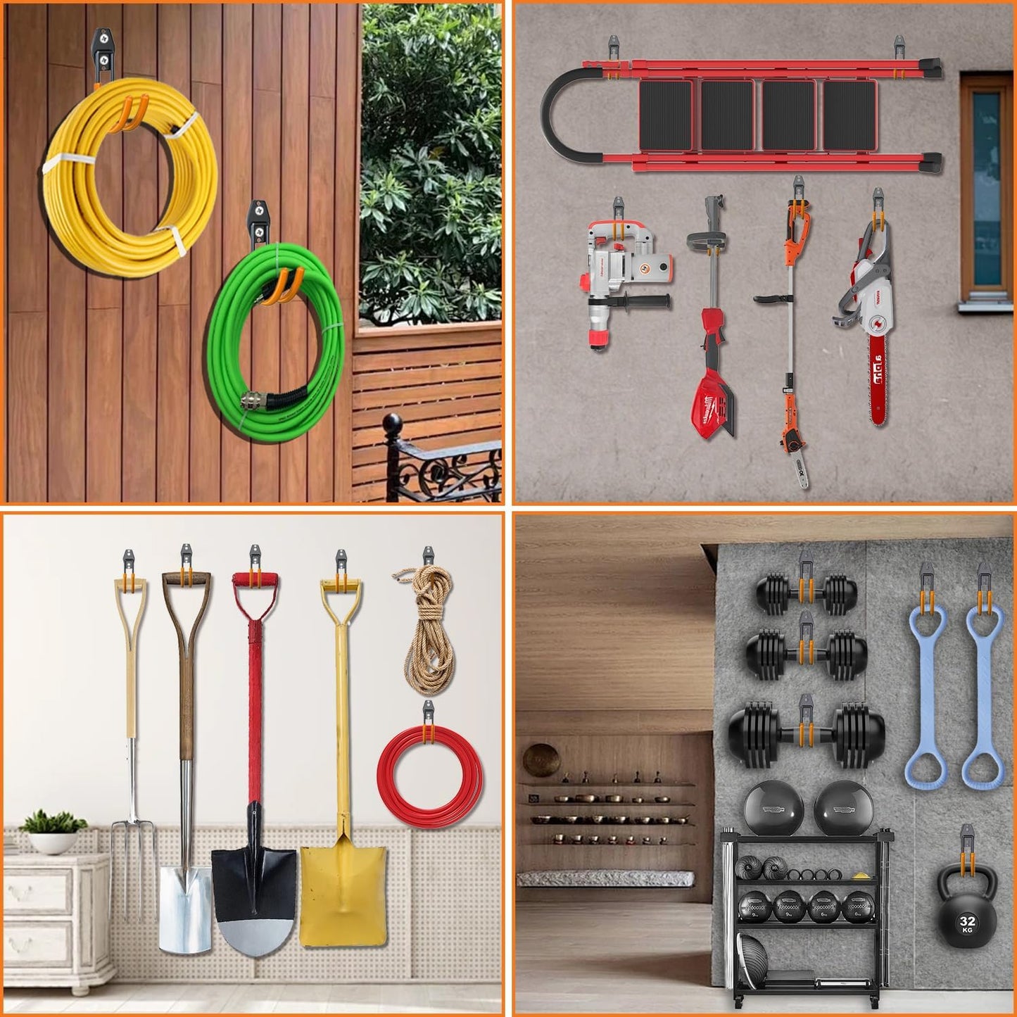 3-H Garden Hose Holder Wall Mount 2 Pack,Solid Steel Hose Hanger,Water Hose Holders for Outside,Perfect for Hanging Outdoor Air Hose,Ropes,Pipes,Garden Tools,Ladders,Bikes,Bulk Items(Orange)