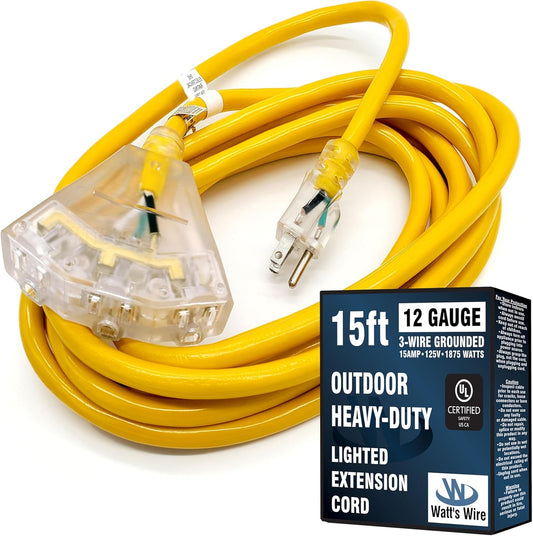 15 ft - 12 Gauge Heavy Duty Extension Cord - 3 Outlet Lighted SJTW - Indoor/Outdoor Extension_Cord by Watt's Wire - 15' 12-Gauge Grounded 15 Amp ExtensionCord
