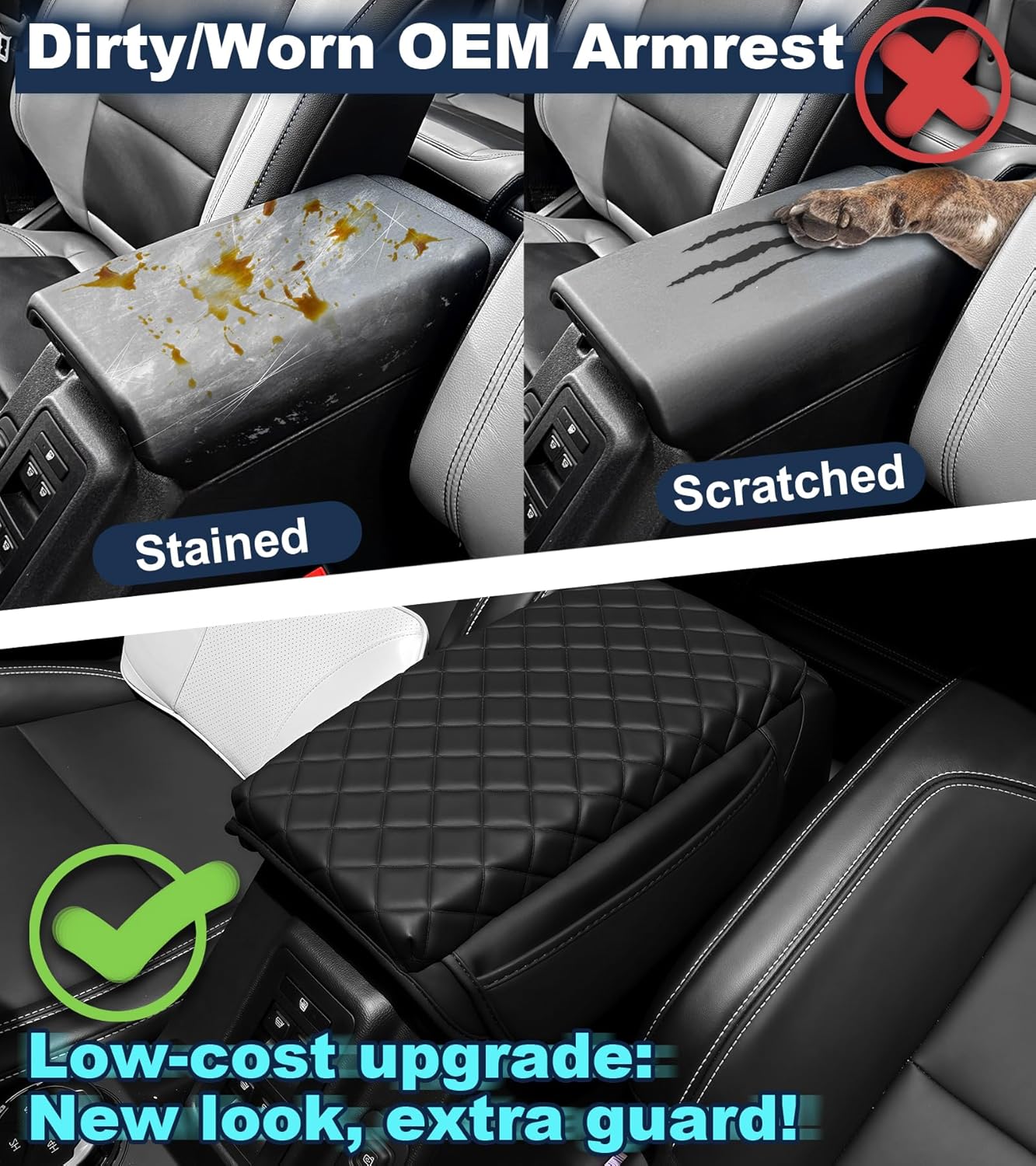 Armrest Cover for Ford Bronco 2021-2025 Center Console Pad with Organizer Storage Pockets, Black Faux Leather Arm Rest Lid Protector Cushion Interior Accessories 2/4 Door (for Bronco)