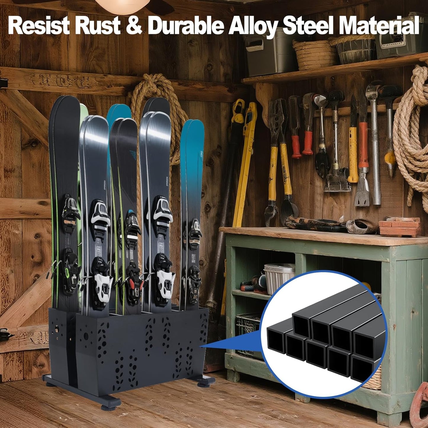 Freestanding Ski Storage Rack for 8 Pairs, Floor Stand Ski Organizer Rack, Heavy Duty Alloy Steel Ski Holders Ski Organizer, Freestanding Ski Organizer for Garage Basement