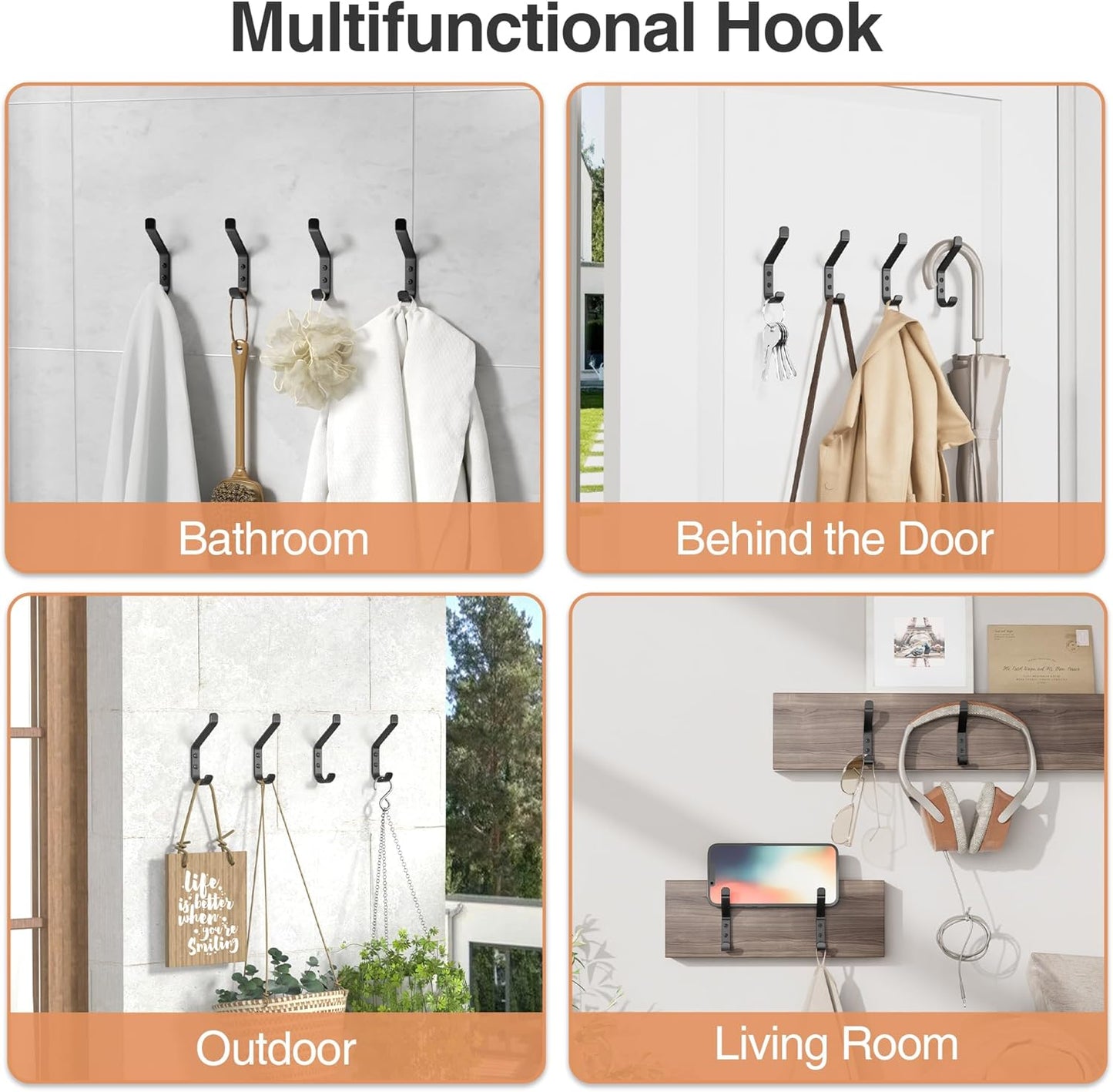 20-Pack Wall Hook for Hanging Coat - 20LB (Max), Stainless Hooks for Towel, Hat, Backpack, Clothes, Wall Mounted Coat Hanger for Closet, Metal, Black