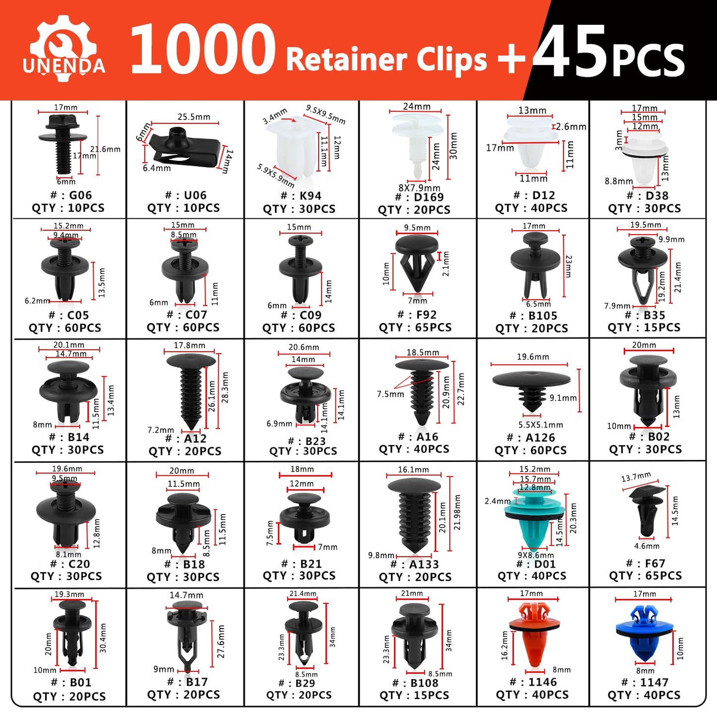 Ford GM Toyota Honda Chrysler Nissan Car Push Retainer Clips 1045pcs with 30 Popular Push Pins for Auto Parts Sizes - Includes 10 Cable Ties and Red Fastener Remover