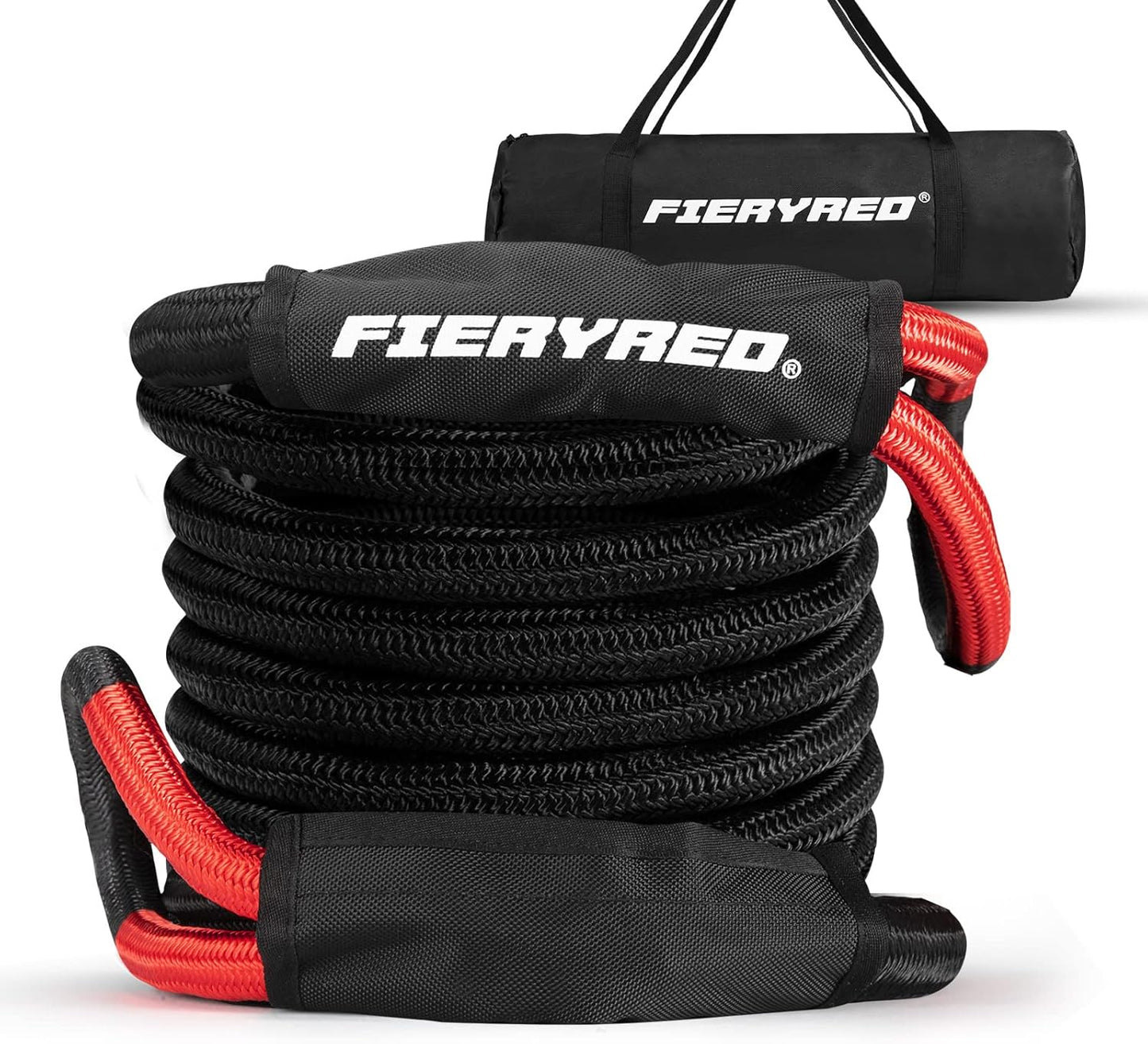 FieryRed Kinetic Energy Recovery Rope 30FT 7/8 Inch- Power Stretch Snatch Strap Vehicle Tow Rope with Reinforced Loops Protective Sleeve Tote Bag for Off-Road 4x4 ATV UTV Pickup