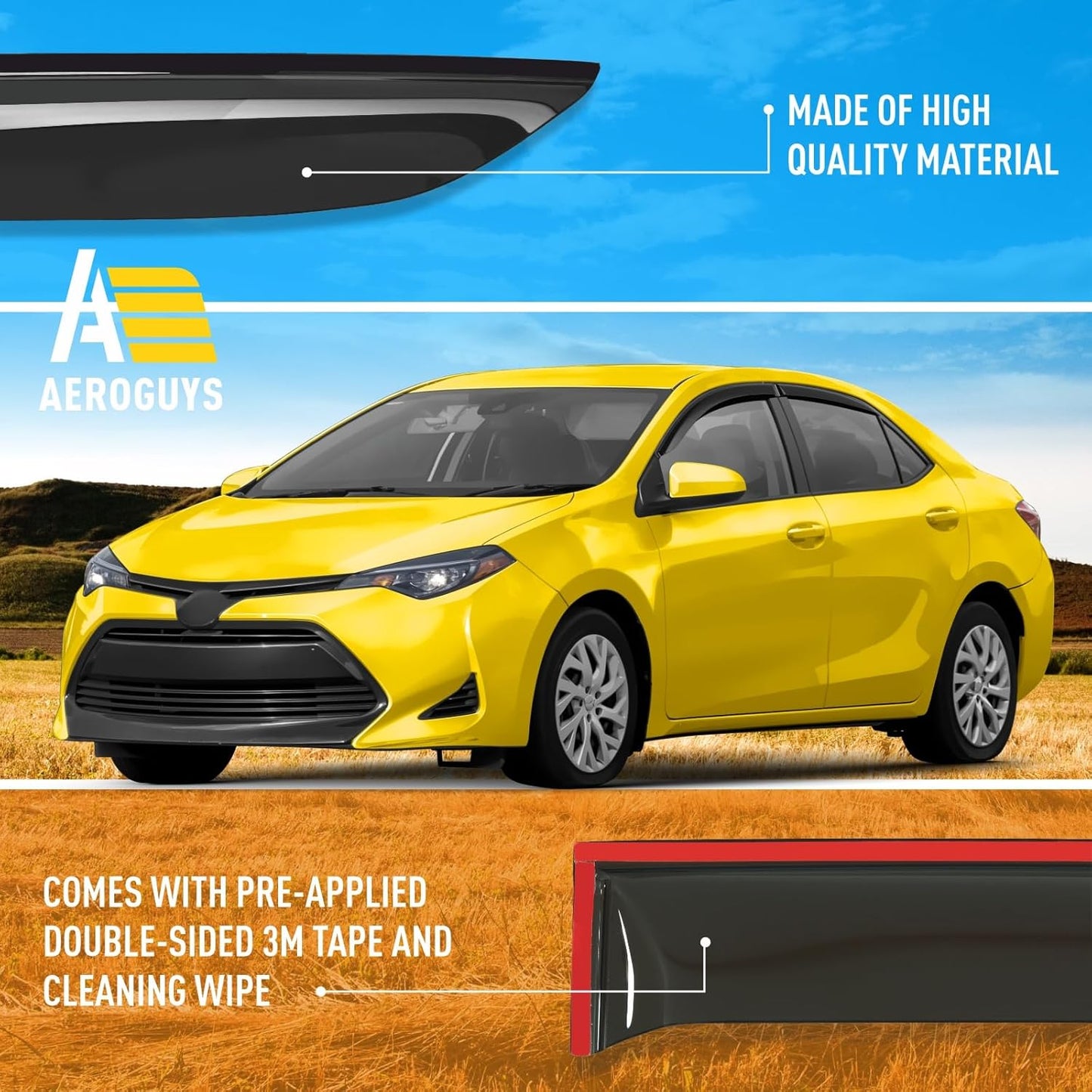 Extra Durable Window Deflectors Tape-On Window Visors Rain Guards Fit for Toyota Corolla 2014-2019 Sedan, Sun Visors, Wind Vent for Shades, Exterior Car Accessories - 4pcs. AG0487