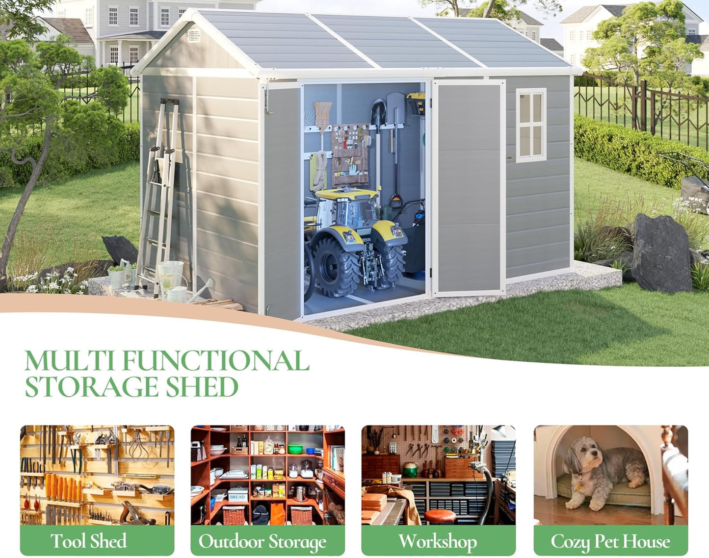 10.5x7.6x7.5 ft Outdoor Resin Storage Shed with Floor, Windows & Air Vents, Large Waterproof Tool Shed for Garden, Backyard, Lawn Equipments & Bikes, Grey