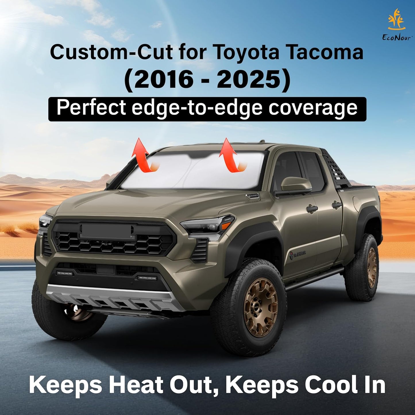 Econour Windshield Sun Shade for Toyota Tacoma 2016-2025 2026 Accessories 2Dr 4Dr Pickup Truck, Custom Fit Car Front Window Sunshade Sun Visor Protector Foldable Blocks UV Rays Keep Car Cooler