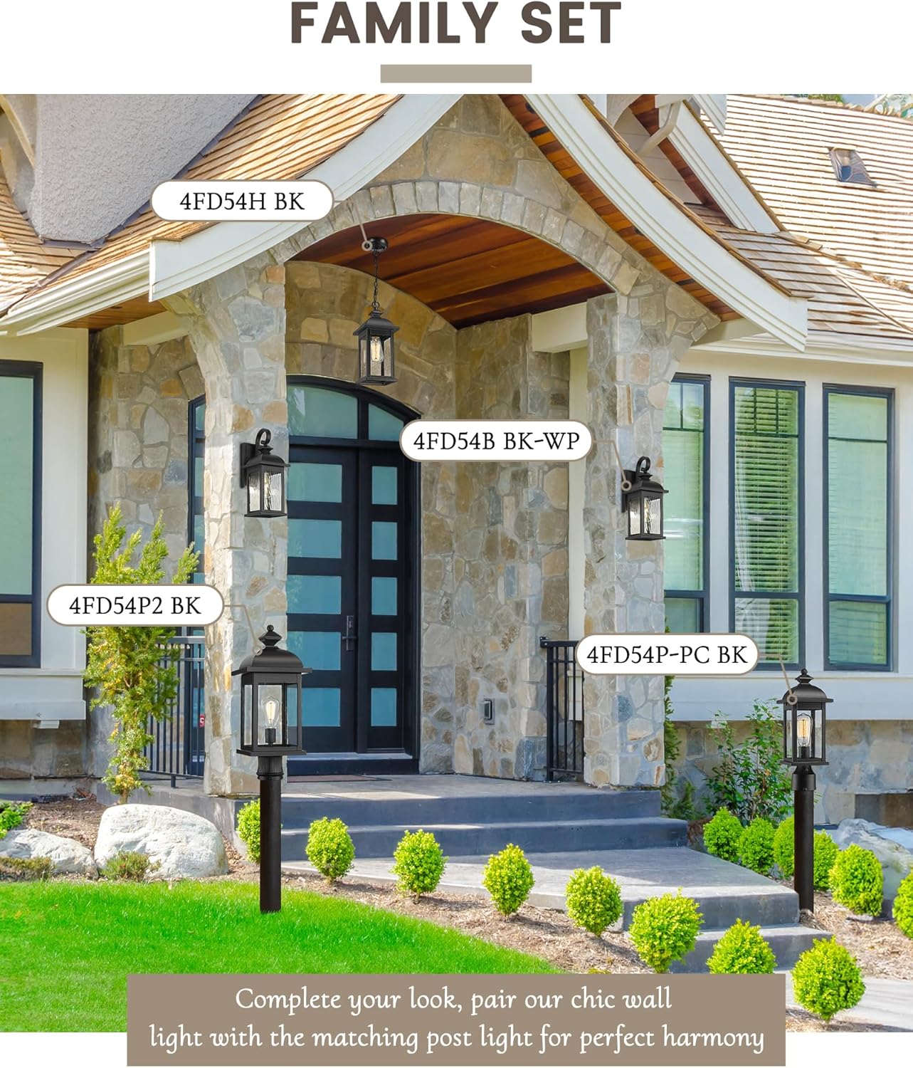 FEMILA 2 Packs Outdoor Waterproof Wall Lights Fixture, 15" Wall Lantern for Porch, Anti-Rust Matte Black Finish with Water Ripple Glass,4FD54B-2PK BK-WP