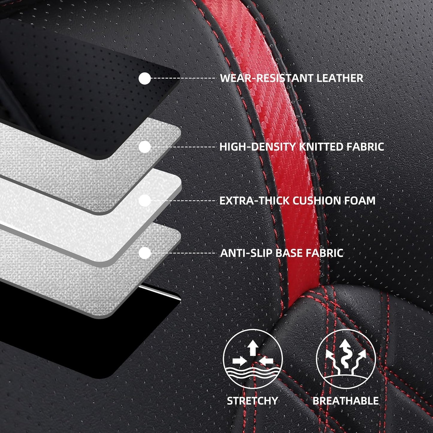 Custom Fit Camry Seat Covers for Toyota Camry LE,SE,SE Nightshade 2018-2024 Full Coverage Waterproof Breathable Leather Car Seat Covers Full Set(Black with Red Trim)