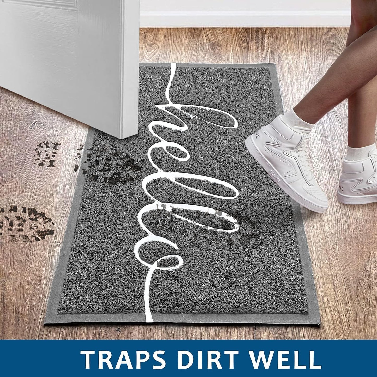 EARTHALL Door Mat Outside Inside Hello Doormat, 30"x17.5", Durable Floor Mat Non Slip Mat Ultra Absorb Mud Easy Clean Front Doormat for Garage, Entryway, Patio, High Traffic Areas, Grey