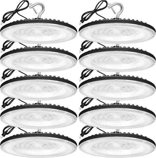 100W UFO Led High Bay Light(10 Pack),IP66 Waterproof,120VAC,15050LM 5000K Daylight Area Lighting,450W MH/HPS with Plug Commercial Bay Lighting for Warehouse/Shop/Workshop/Barn/Gym/Factory