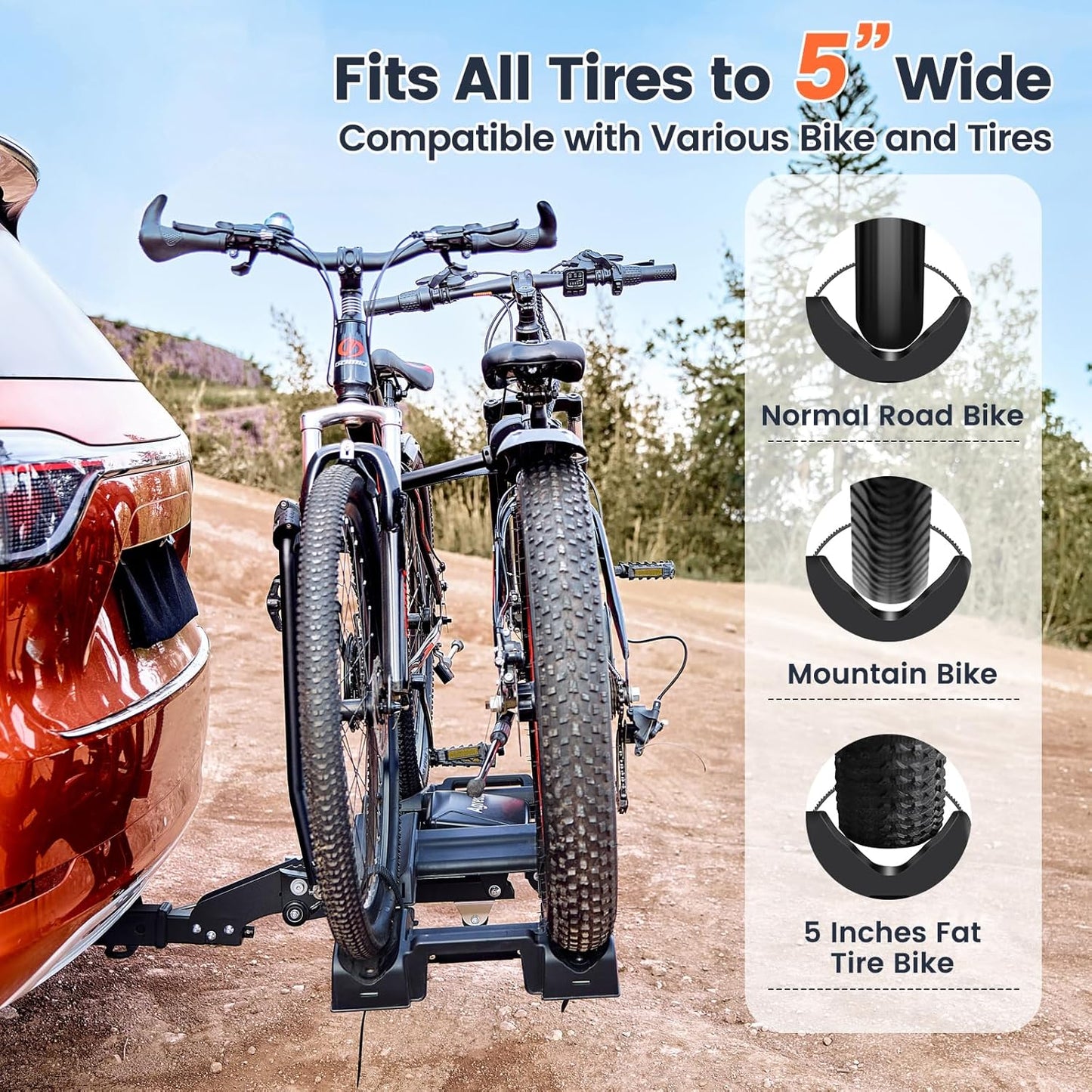 2-Bike Hitch Bike Rack with Ramp - 200 LBS Capacity Fat Tire Ebike Rack, XXL Wheel Straps, Lockable, Foldable & Tiltable - Fits 2" Receivers on Cars, SUVs, Trucks, Trailers - No Installation Needed