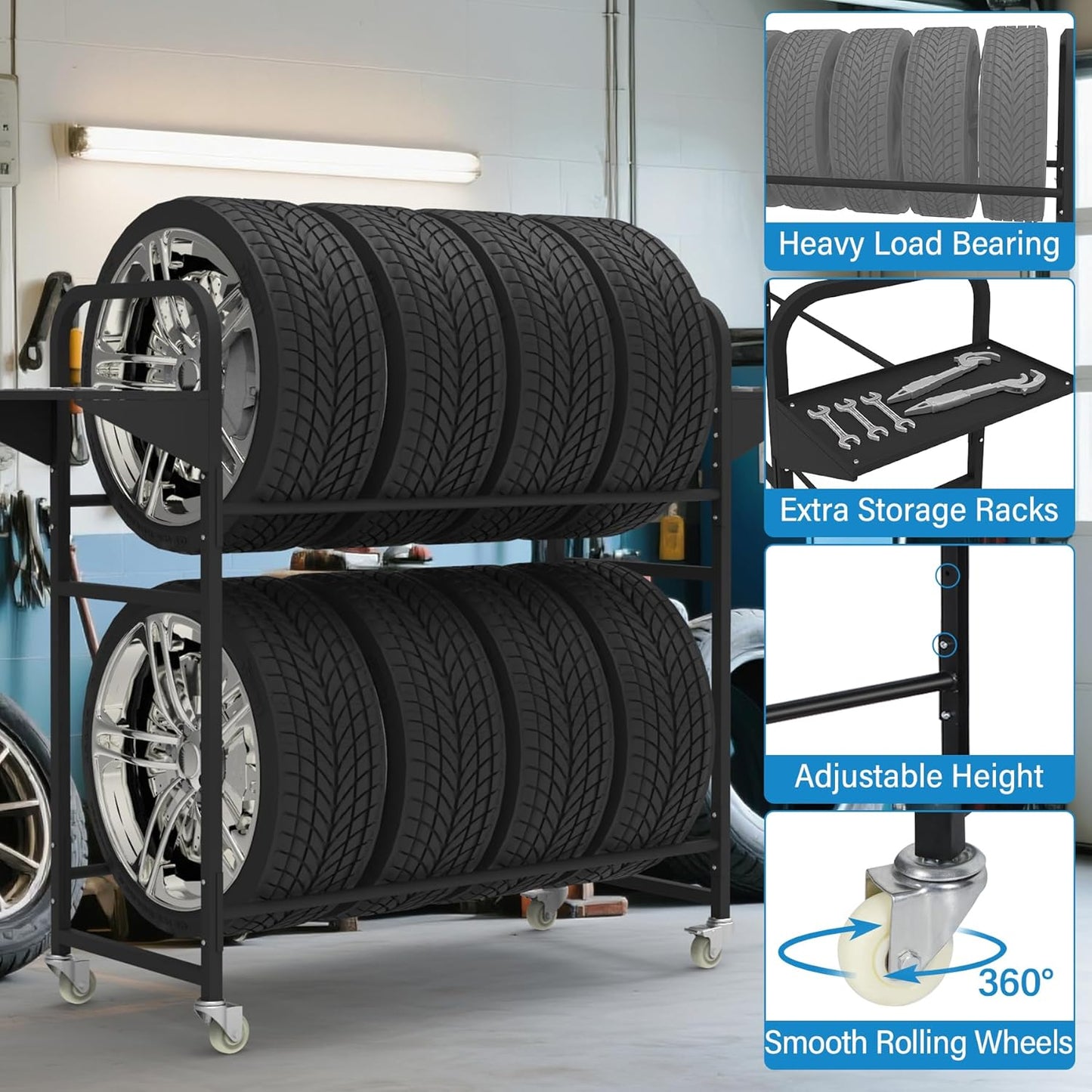 Tire Storage Rack 44" x 44" x 18" w/Anti-dust Cover, Rolling Tire Rack Adjustable, Tire Rack for Garage Black w/4 Swivel Casters & 2 Storage Shelf for Garage Storage