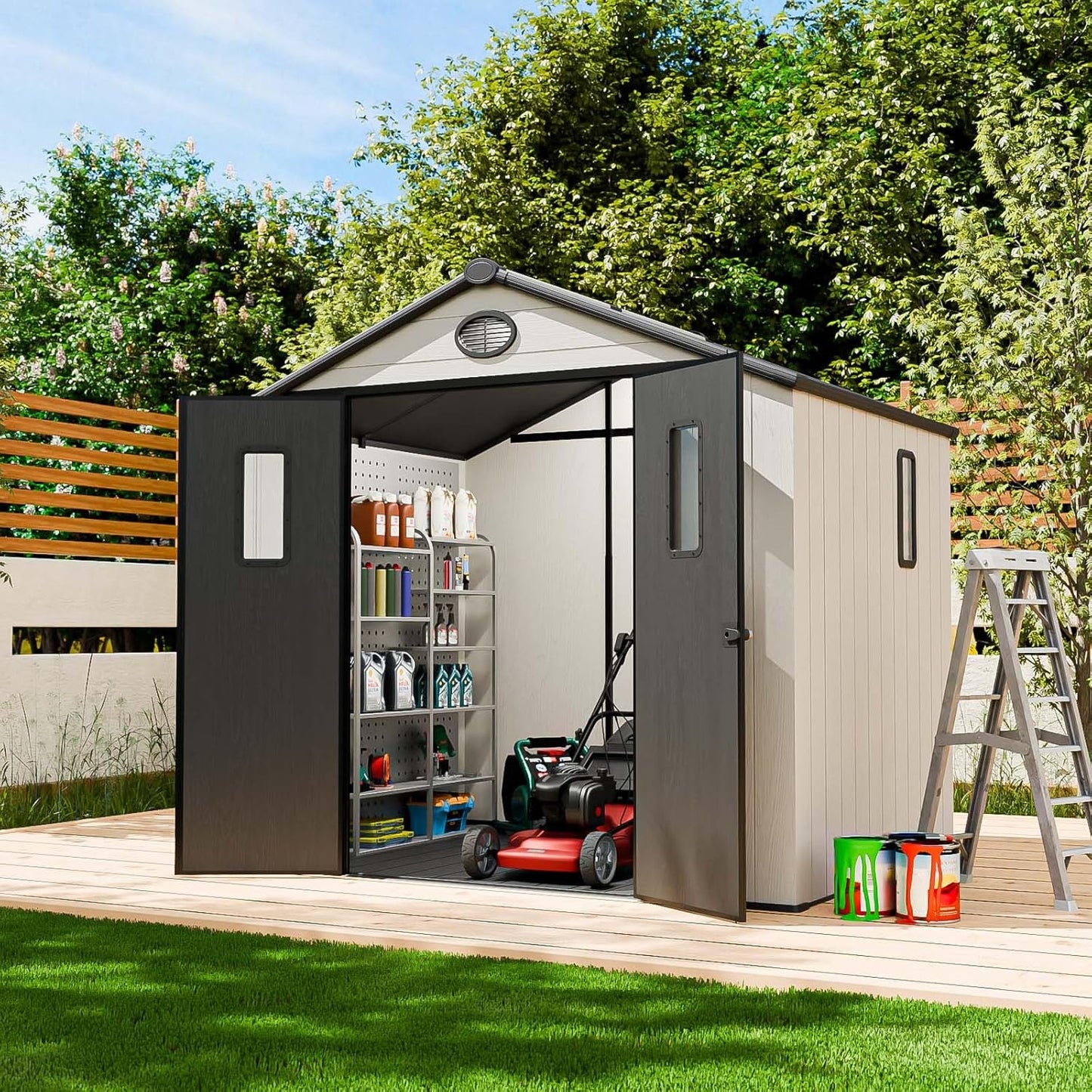 EAGLE PEAK 8x6 Resin Outdoor Storage Shed, Weatherproof Garden Shed with Floor & Lockable Doors, Tool & Equipment Storage for Backyard or Patio, White/Gray