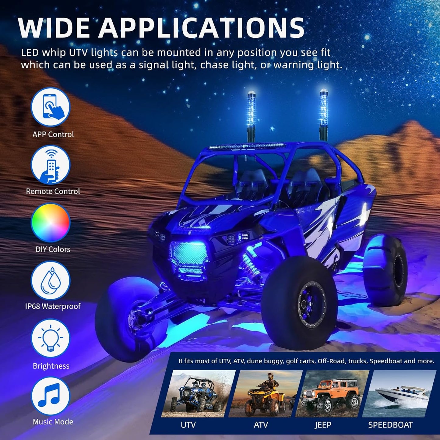 DREAMIZER 2Pack 1FT Fat Whip Lights New Upgraded Spiral LED Whip Light with Strobe Light RGB Chasing Dancing Lighted Antenna Whips W/APP&Remote Control for SXS UTV ATV RZR Can-Am X3 Off-Road Truck