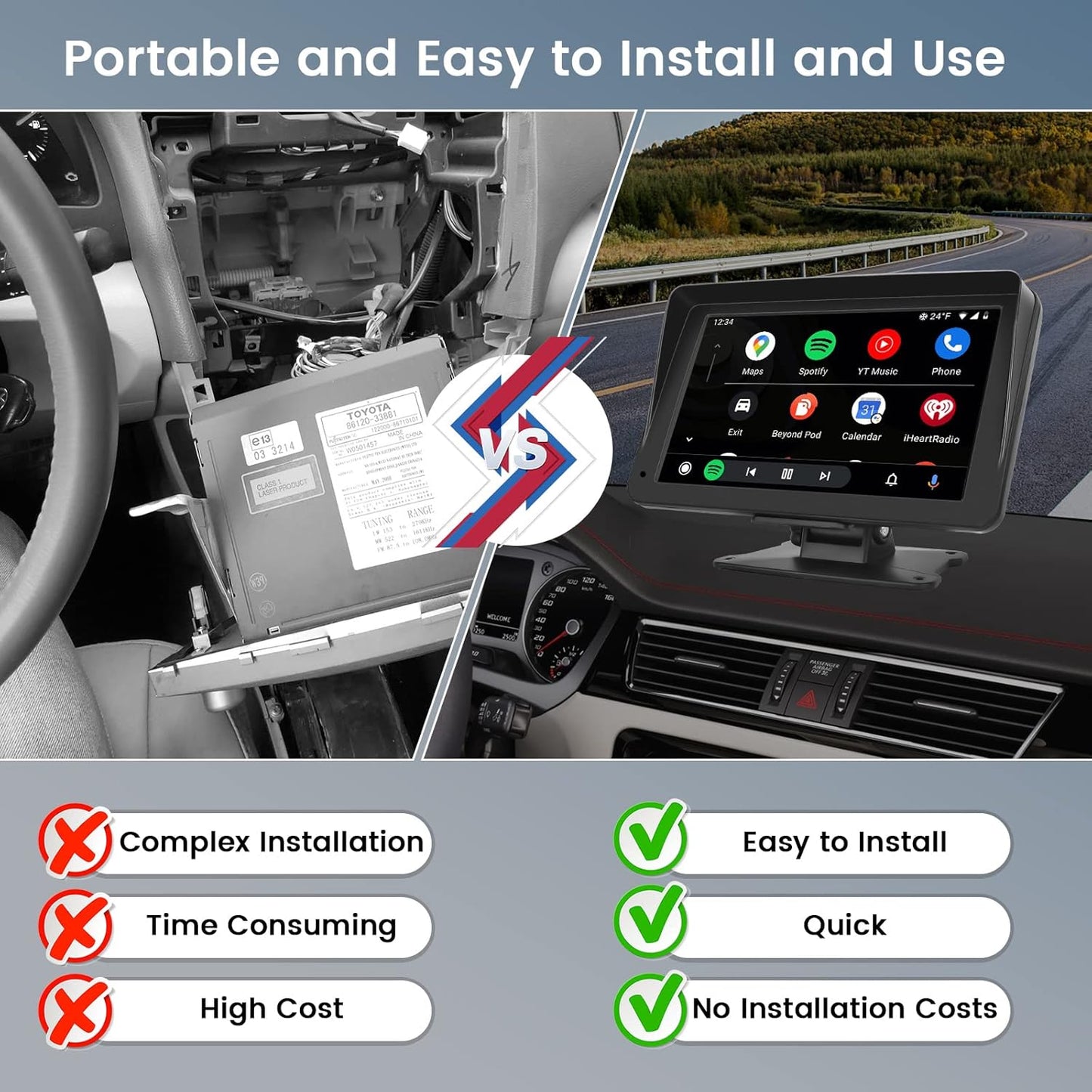 【64G TF Card】 Portable Wireless Apple CarPlay and Android Auto Screen for Car, 7" 1080P HD Touch Screen Car Stereo with Airplay, Mirror Link, Bluetooth, AUX,FM Transmitter for All Vehicle