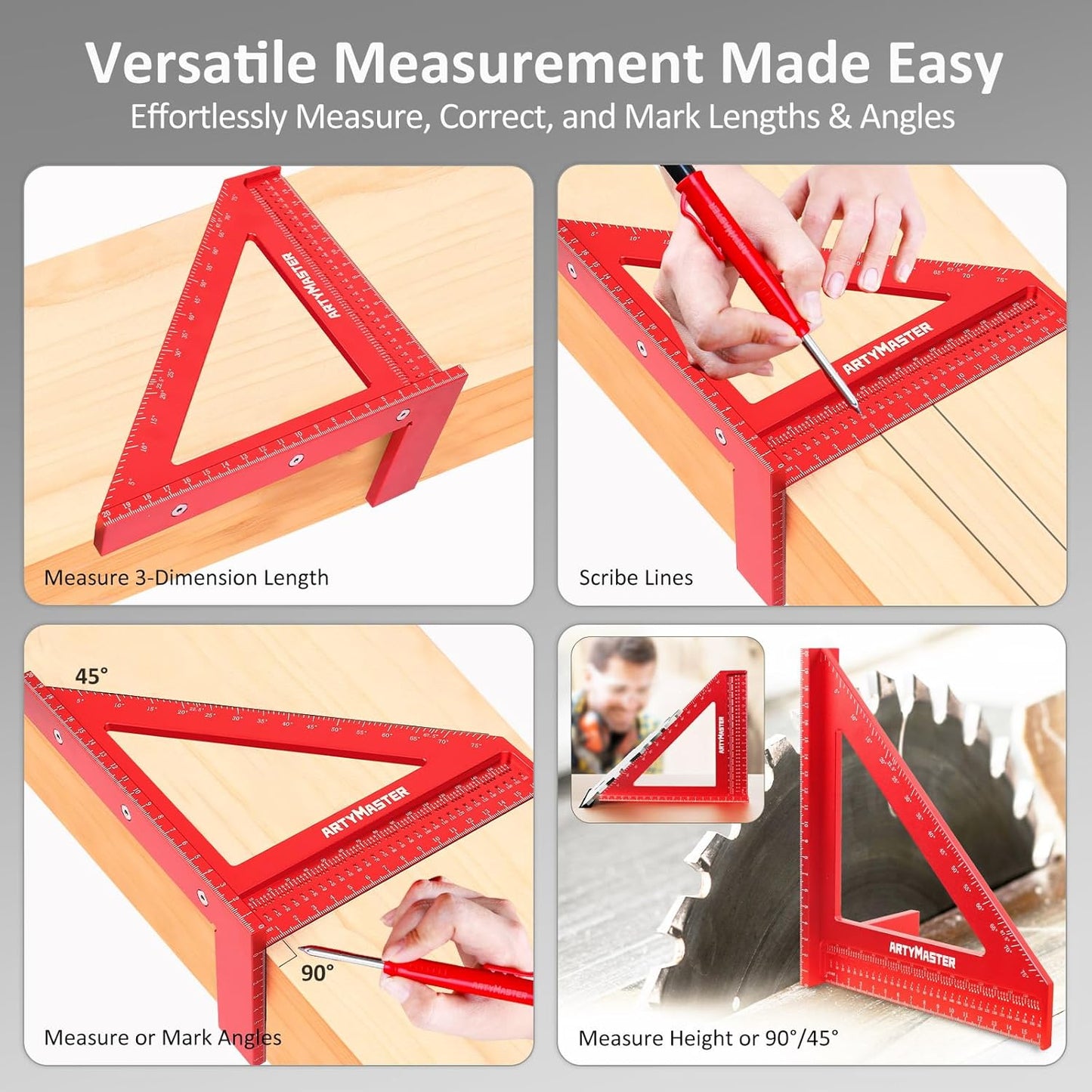 200mm 3D Multi-Angle Measuring Square Ruler, WT103D High Precision Hole Scribing Woodworking Tools, 0-90° Aluminum Alloy Carpenter Square Wood Working Tools, Carpenter Pencils 6 Refills.