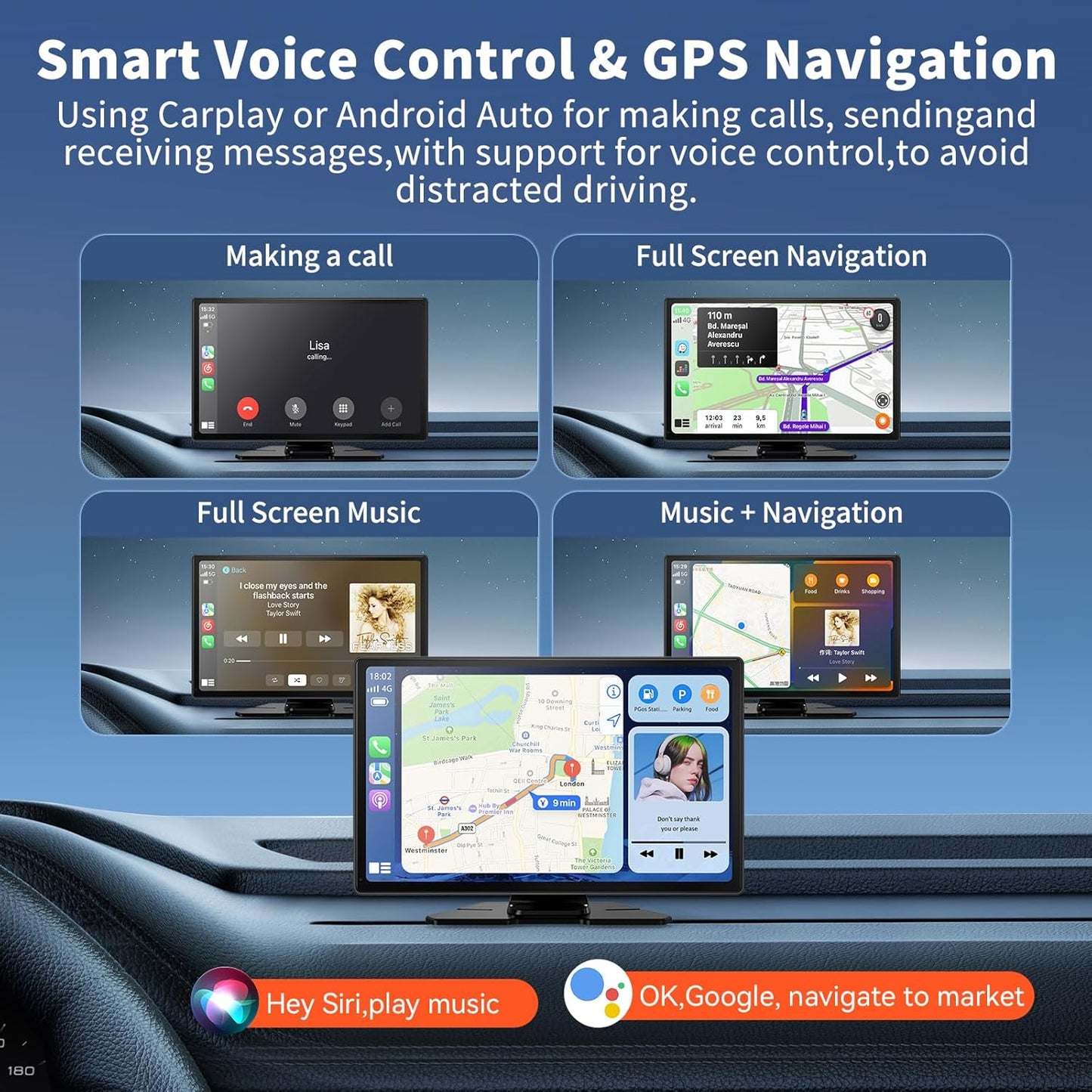 Carplay Screen for Car, 9" Portable Wireless Carplay Screen with 4K Dash Cam, 1080P Backup Camera, Car Stereo for Carplay & Android Auto GPS Navigation/Bluetooth/Mirror Link/Voice Control/AUX/FM/Siri