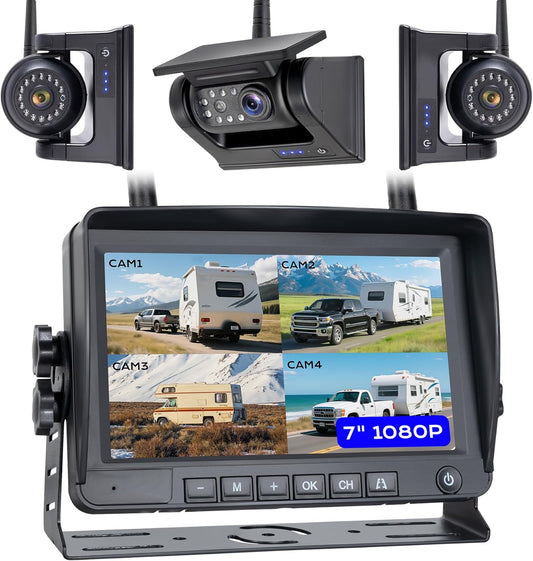 7" 3-Magnetic Wireless RV Backup Camera, HD1080P DVR Monitor, IP69 Waterproof & IR Night Vision 3x9600mAh Rechargeable Cameras, 2 Side Cameras & 1 Rear Camera for Trailer Truck Camper-WS703