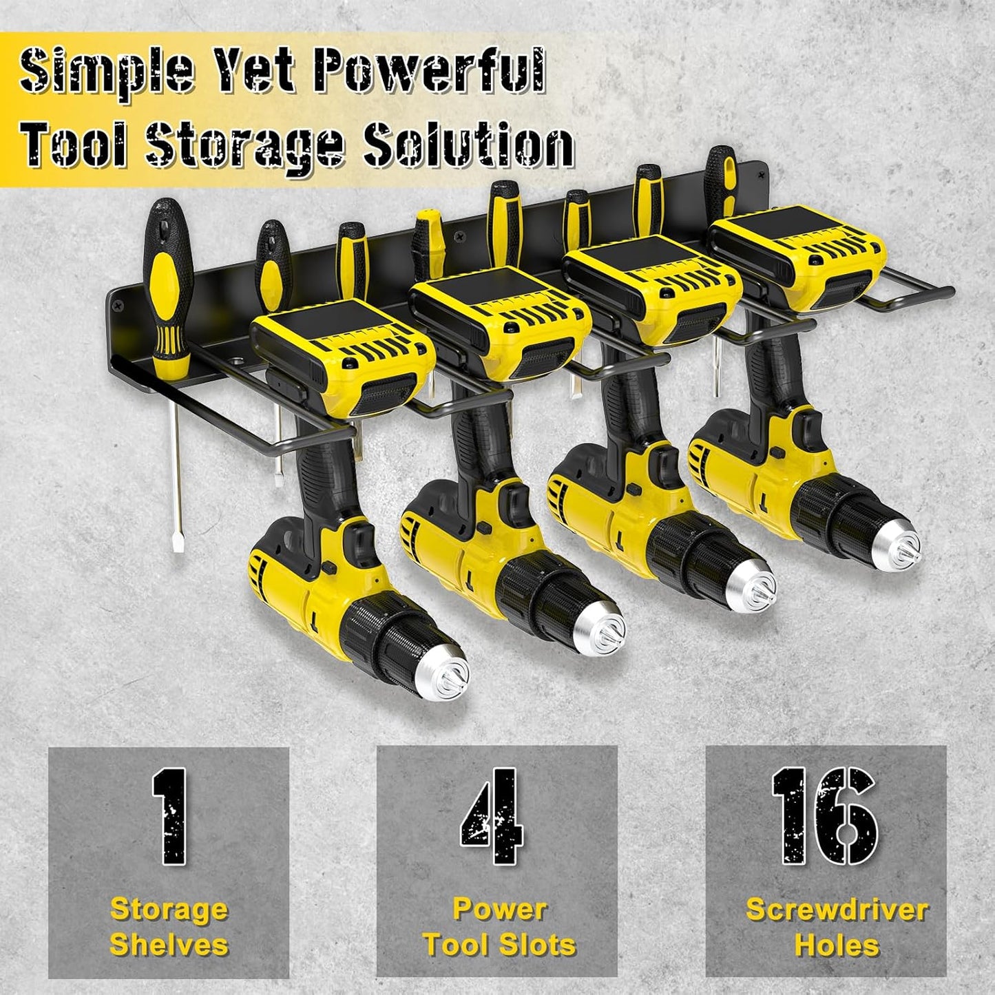 Power Tool Organizer,Drill Holder Wall Mount, 4 Cordless Drill Racks, Heavy Duty Metal Drill Organizer Utility Storage Rack for Garage Workshop Shed Pegboard Basement,1 Pcs