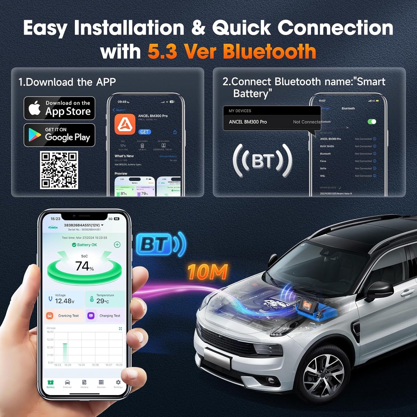 (Upgraded BM300) ANCEL BM300 Pro 6V 12V 24V Battery Monitor - Bluetooth 5.3 Battery Monitor with Charging, Cranking System Test & Alarm - IP67 Waterproof Voltmeter for Trucks, Cars, Motorcycles, Boats