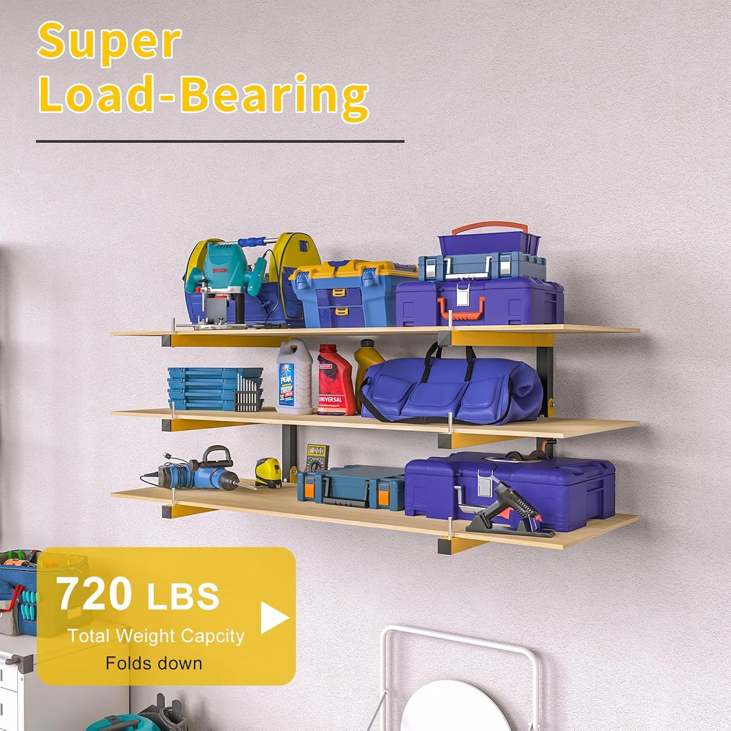 4 PACK Lumber Storage Rack Wall Mount Wood Organizer Storage Racks Heavy Duty Shelf Brackets with 6-Level System 720 LB Sturdy Folding Garage Wall Shelving, Snowboard Rack for Indoor and Outdoor