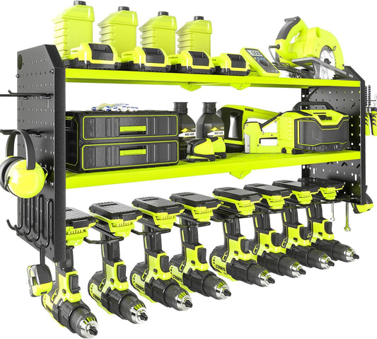 KAFAHOM Power Tool Organizer, Large 8 Drill Holder Wall Mount with 2 Side Pegboards, Heavy Duty Metal Tool Shelf with 12 Hooks, Storage Rack for Garage Organization, Utility Battery Shelves - Green