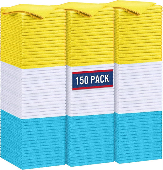 GLIMGLINT Microfiber Cleaning Cloth, 150 Pack Cleaning Rags, Cleaning Towels with 3 Color Assorted, Shop Towels 14"X12"(Yellow/White/Blue)